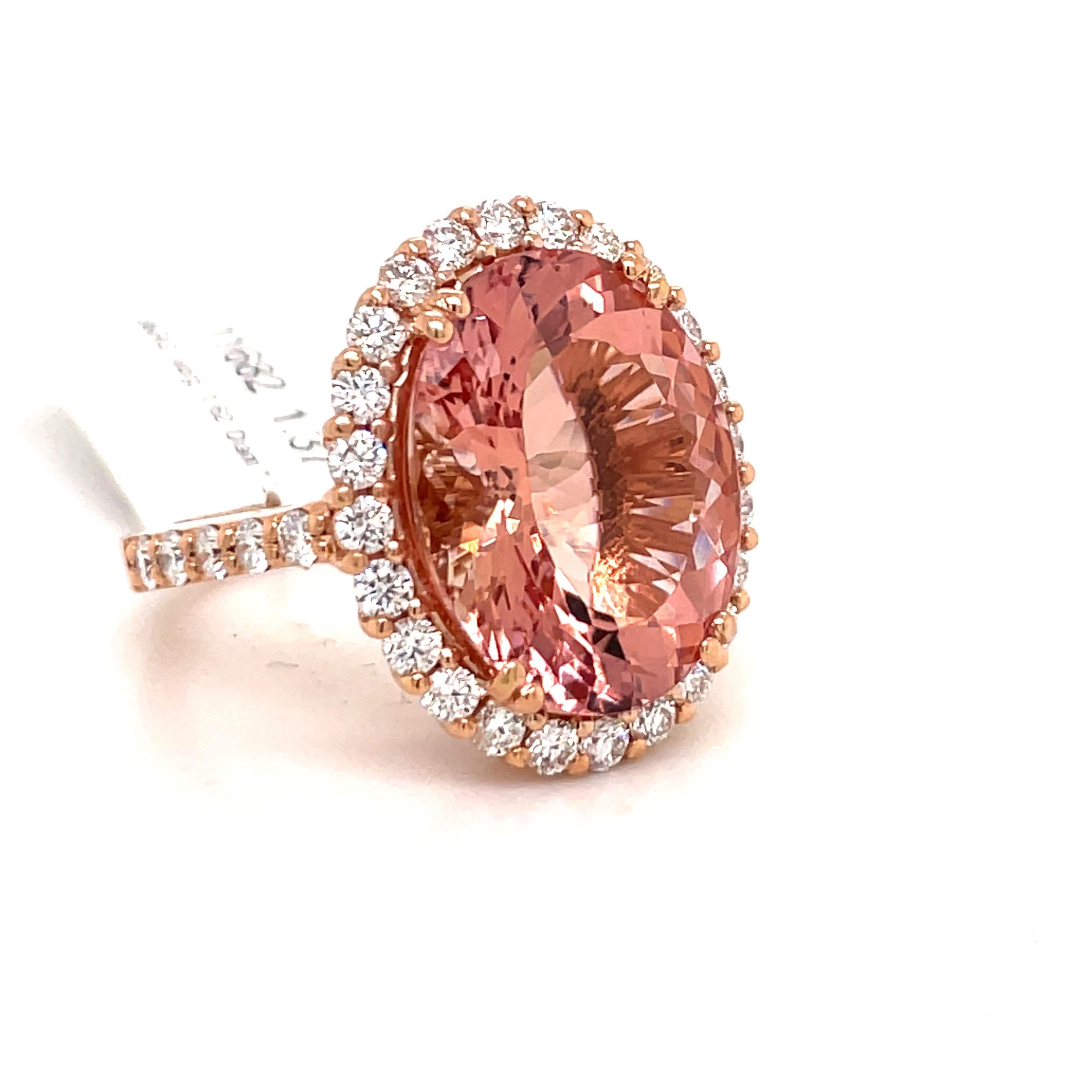 Oval Cut Morganite Diamond Halo Cocktail Ring 12.99 Carats 18 Karat Rose Gold For Sale 5
