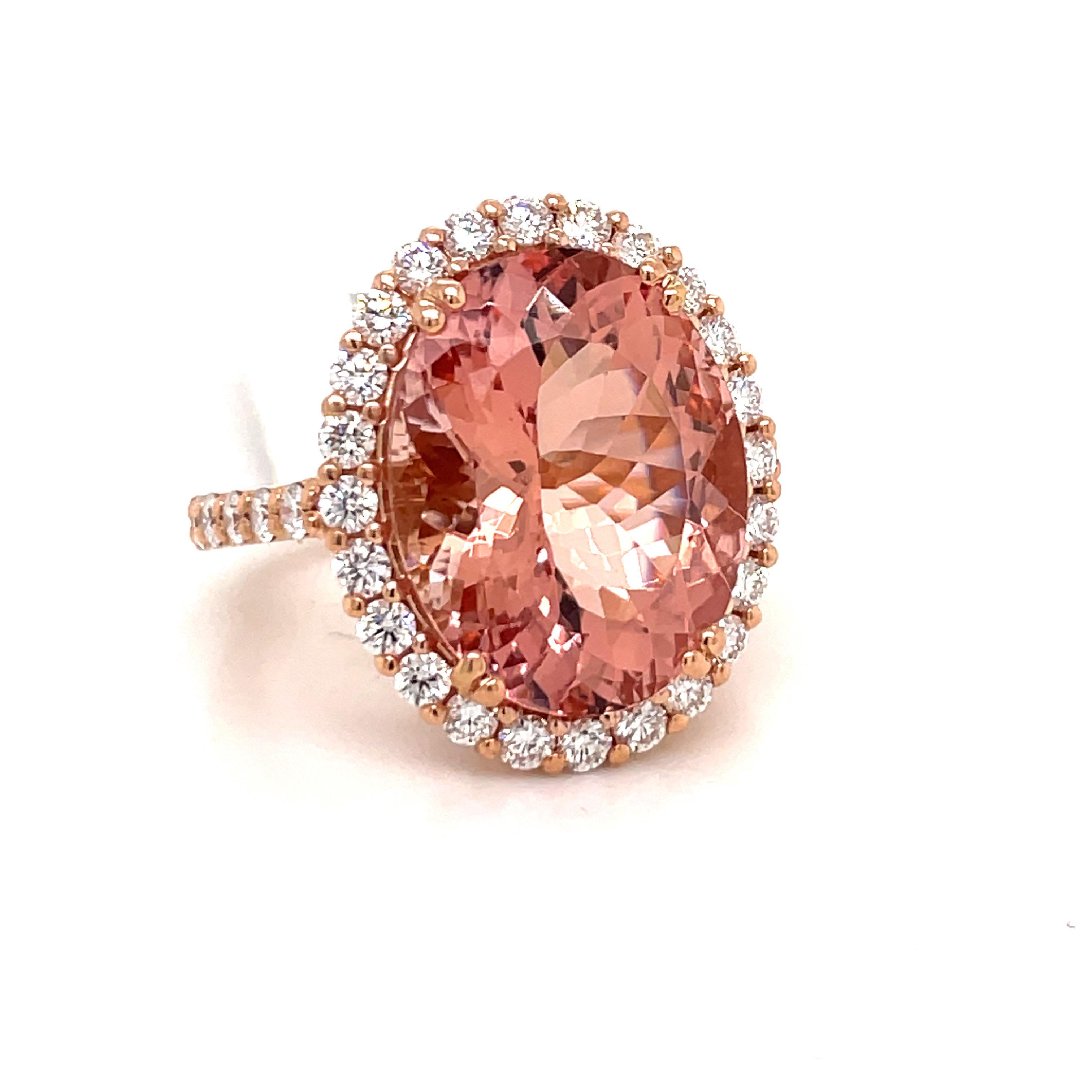 Contemporary Oval Cut Morganite Diamond Halo Cocktail Ring 12.99 Carats 18 Karat Rose Gold For Sale