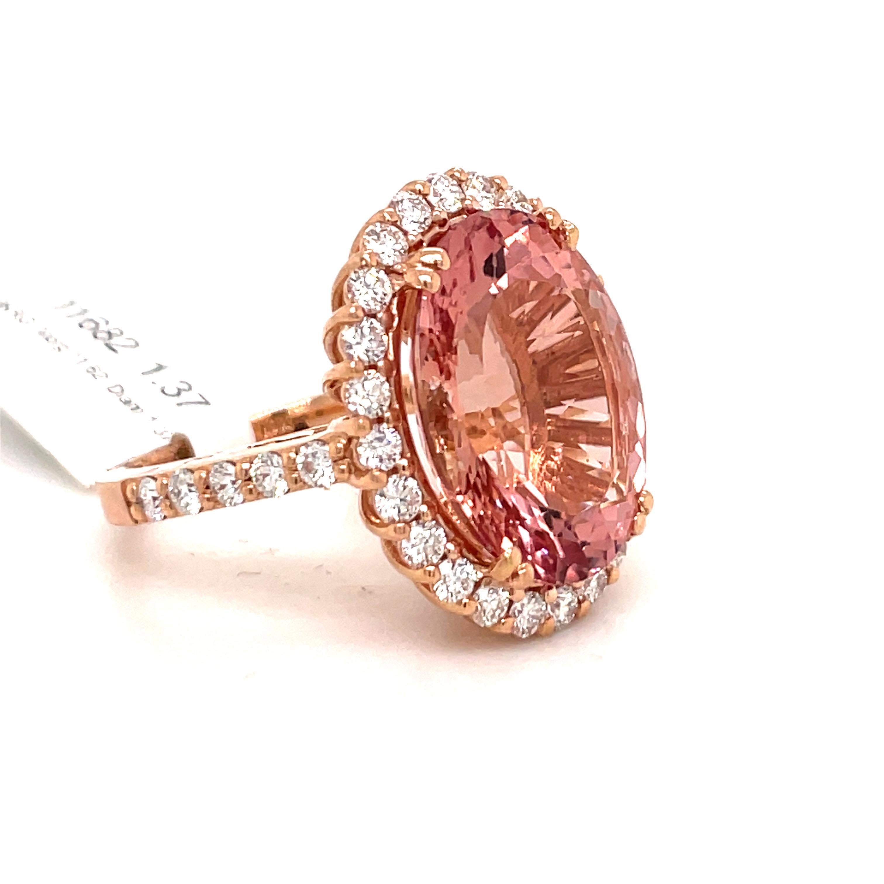 Round Cut Oval Cut Morganite Diamond Halo Cocktail Ring 12.99 Carats 18 Karat Rose Gold For Sale