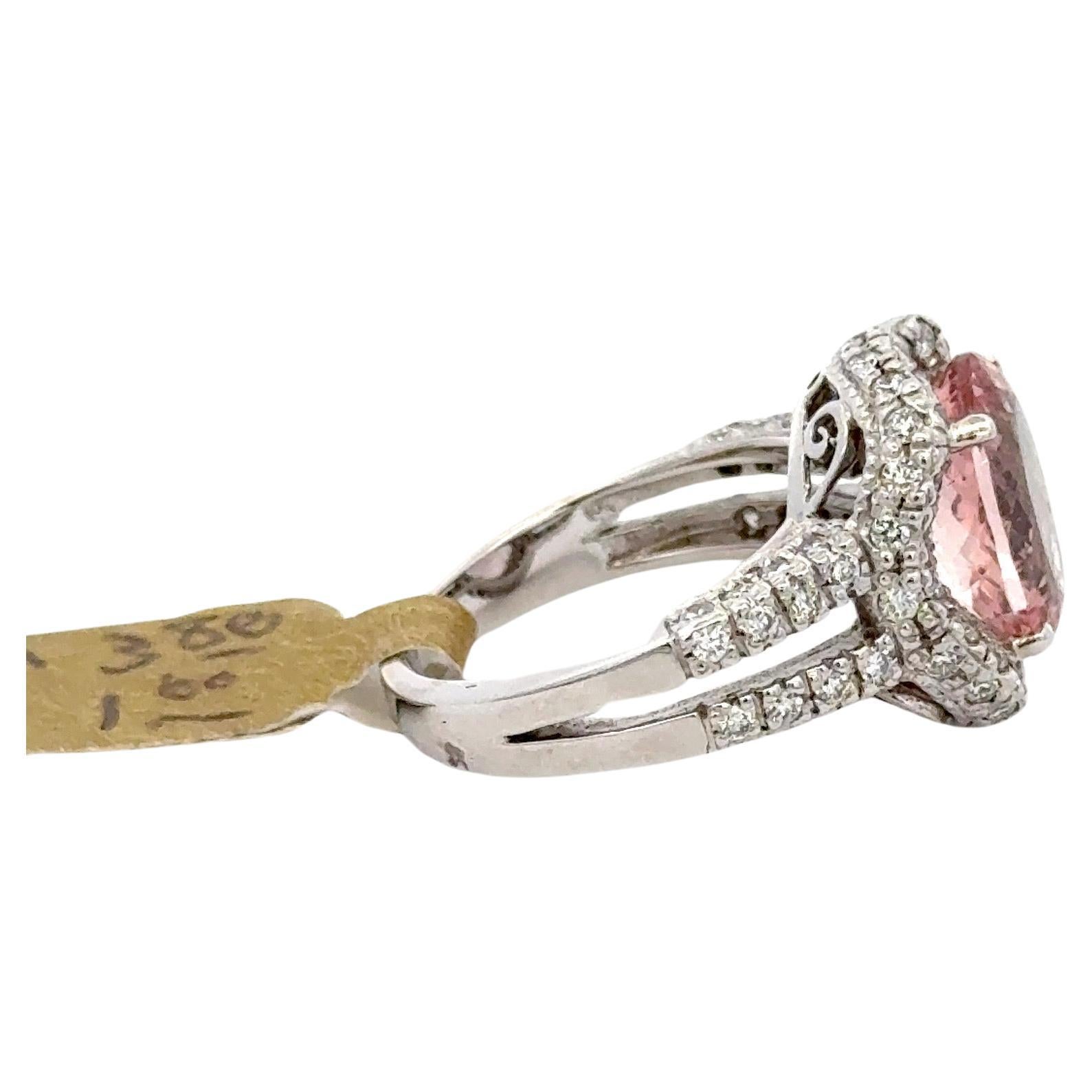 Contemporary Oval Cut Morganite Diamond Halo Cocktail Ring 4.80 Carats 14 Karat White Gold For Sale