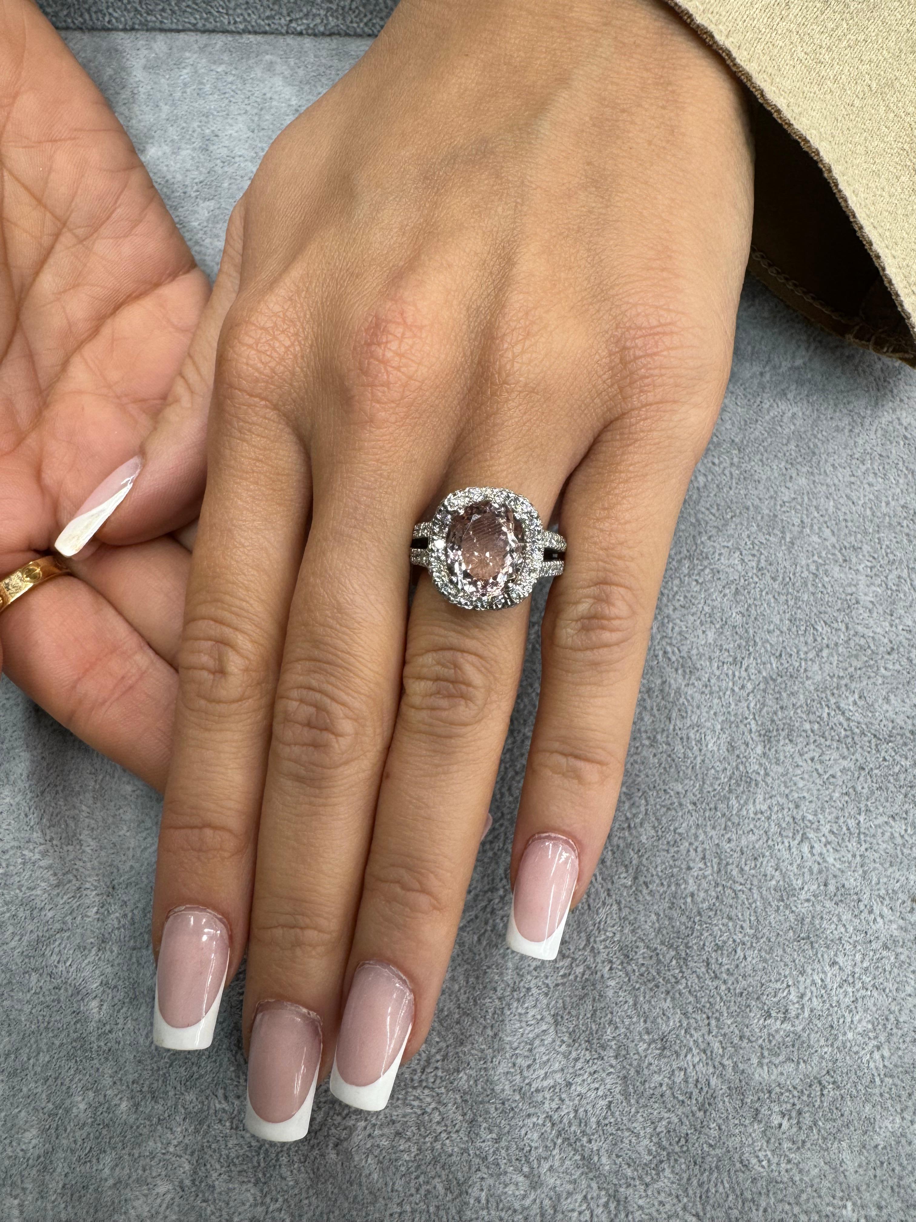 Oval Cut Morganite Diamond Halo Cocktail Ring 4.80 Carats 14 Karat White Gold For Sale 1