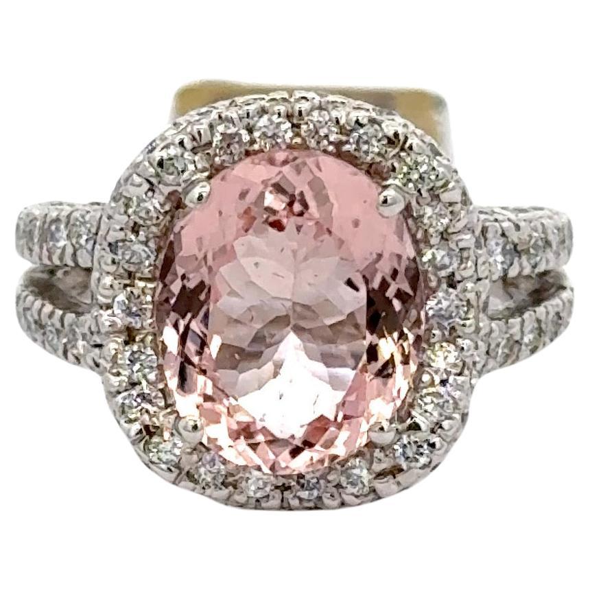 Oval Cut Morganite Diamond Halo Cocktail Ring 4.80 Carats 14 Karat White Gold