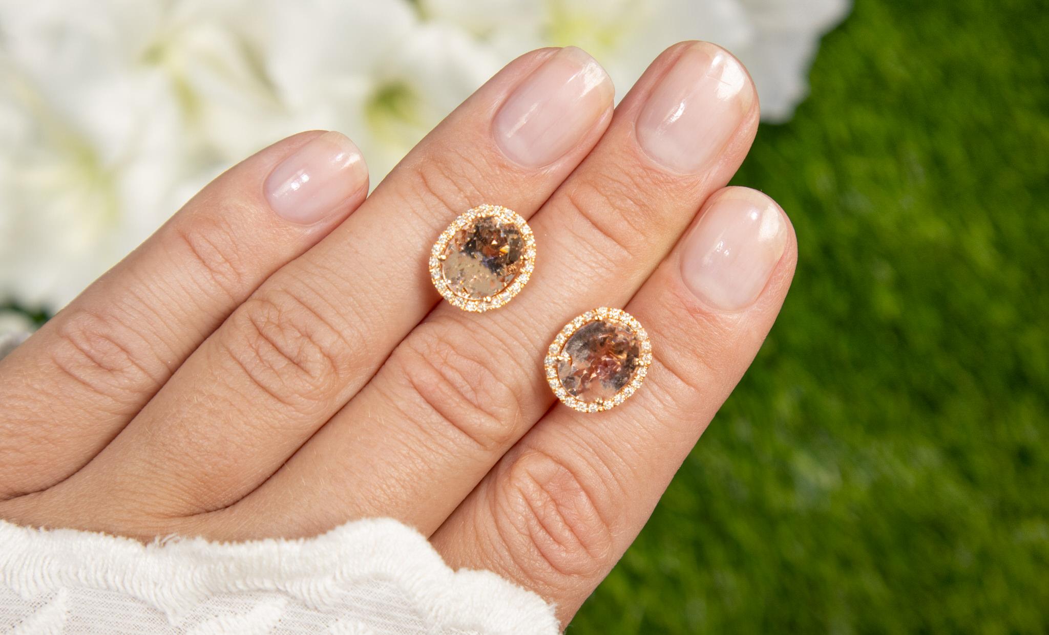 Contemporary Oval Cut Morganite Stud Earrings With Diamond Halo 5.5 Carats Total For Sale