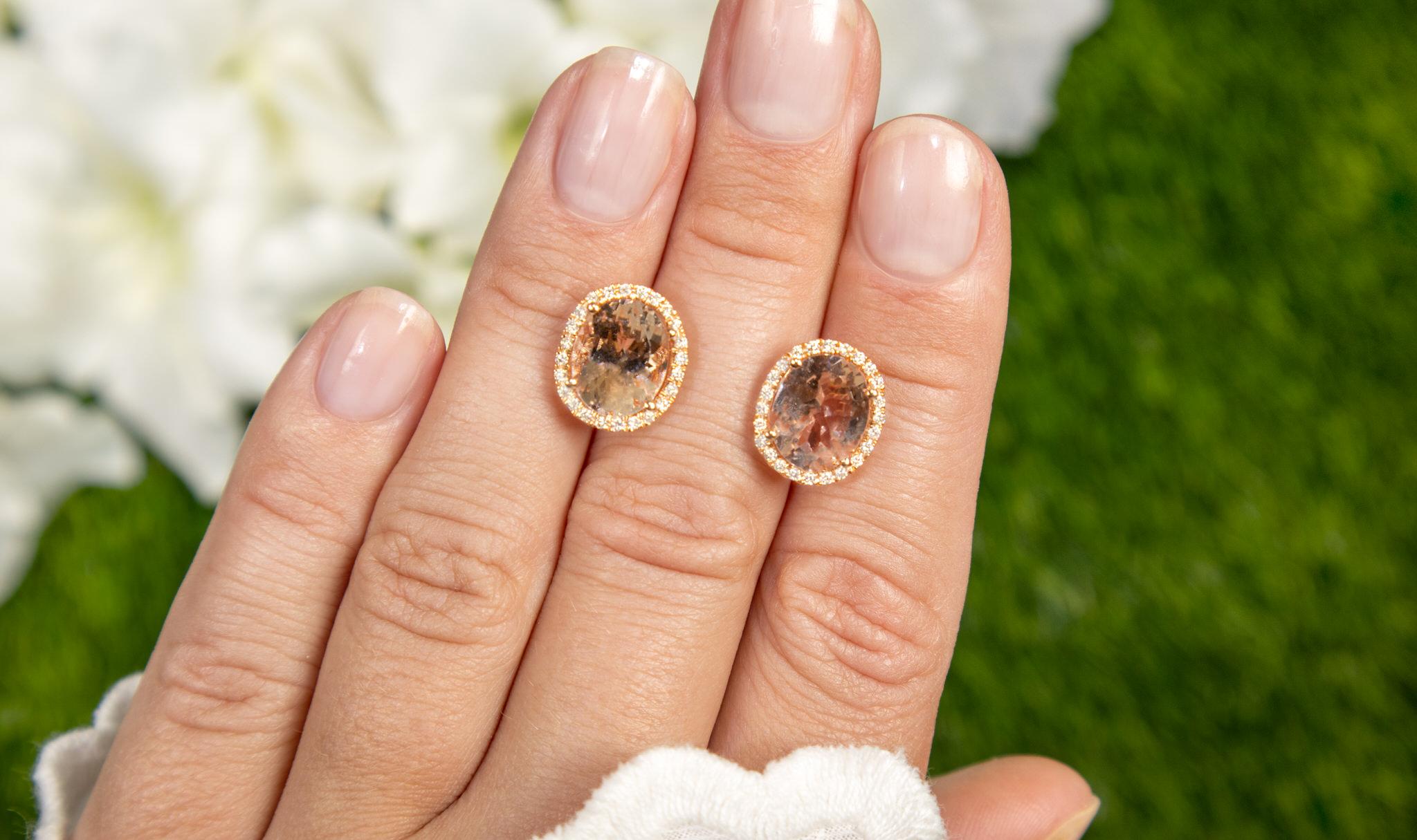 Oval Cut Morganite Stud Earrings With Diamond Halo 5.5 Carats Total In Excellent Condition For Sale In Aliso Viejo, CA