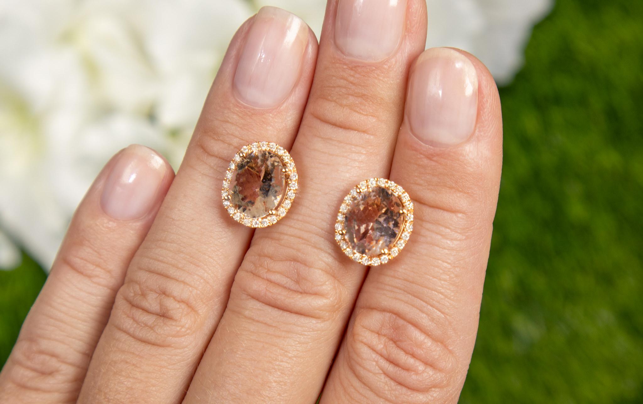 Women's or Men's Oval Cut Morganite Stud Earrings With Diamond Halo 5.5 Carats Total For Sale