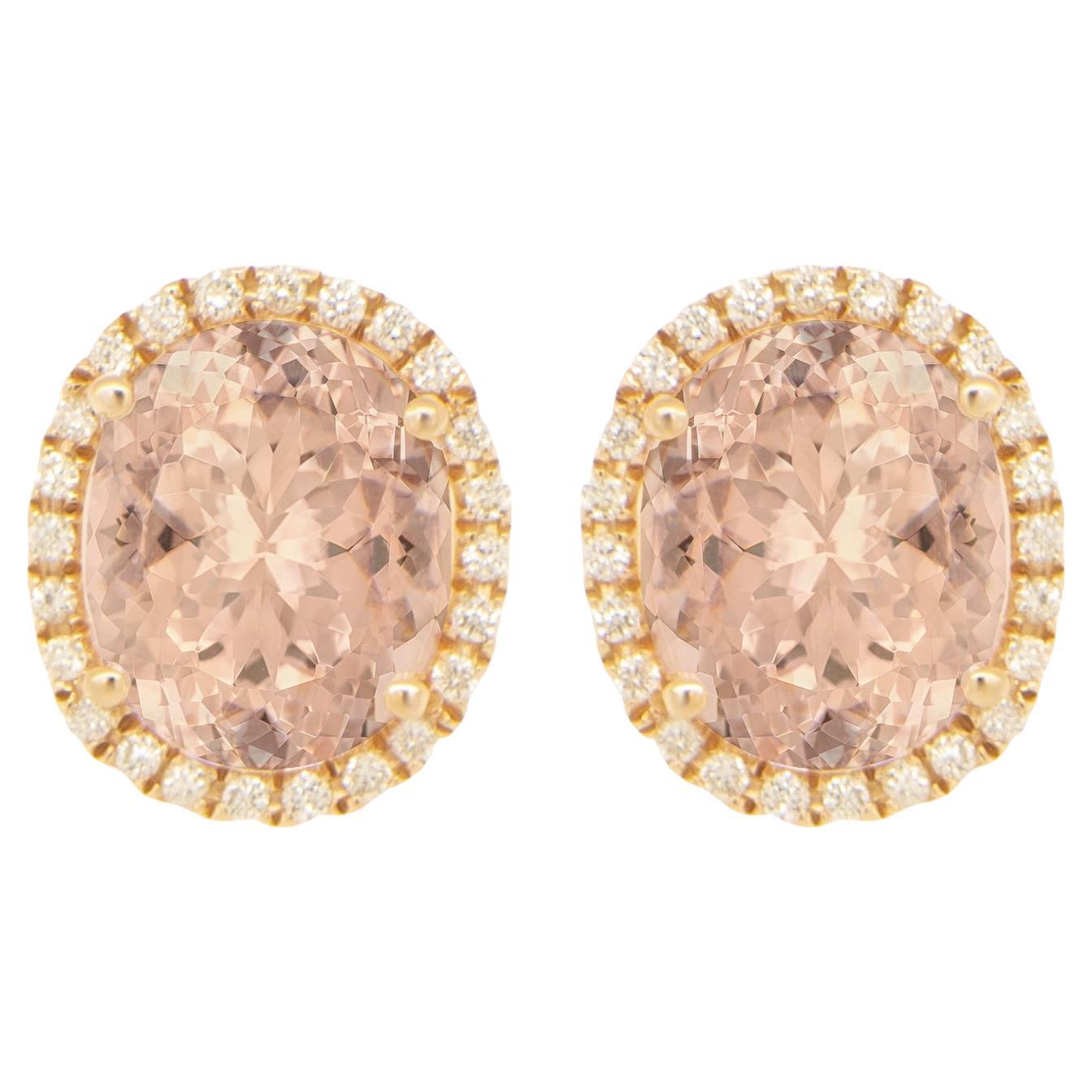 Oval Cut Morganite Stud Earrings With Diamond Halo 5.5 Carats Total For Sale