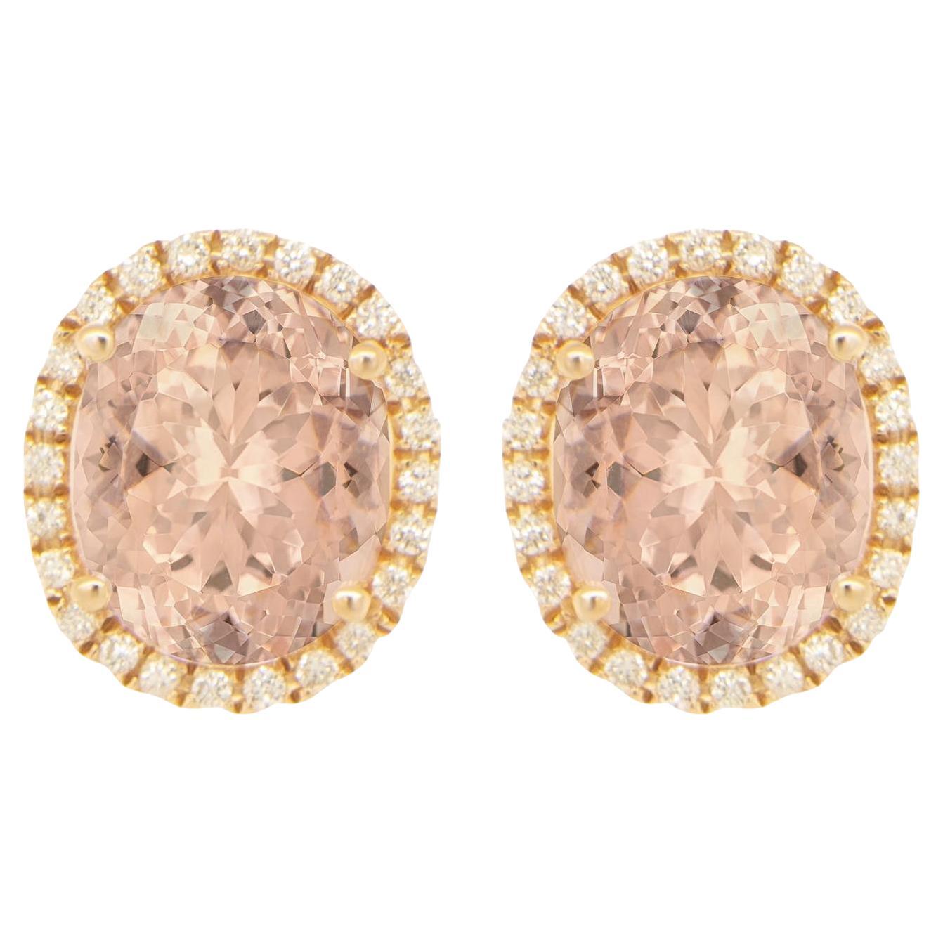 Oval Cut Morganite Stud Earrings With Diamond Halo 5.5 Carats Total