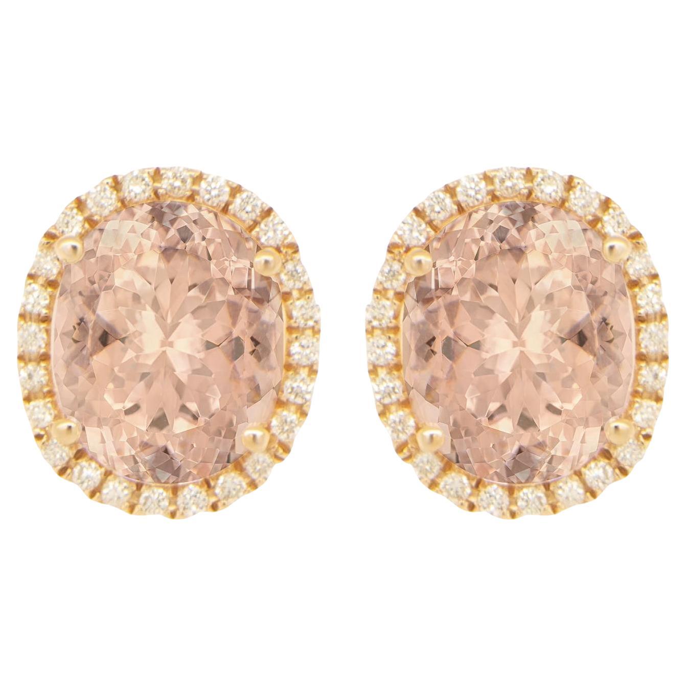 Clous d'oreilles en Morganite taille ovale avec halo de diamants de 5,5 carats au total en vente