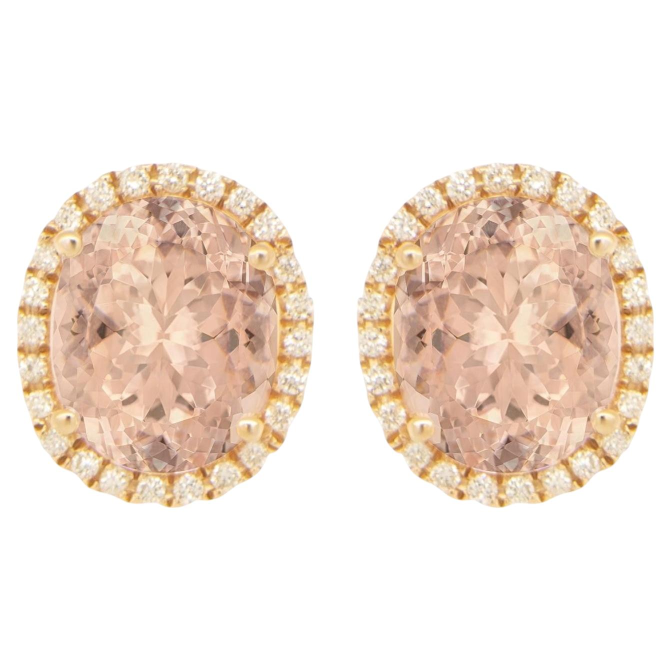 Oval Cut Morganite Stud Earrings With Diamond Halo 5.5 Carats Total For Sale