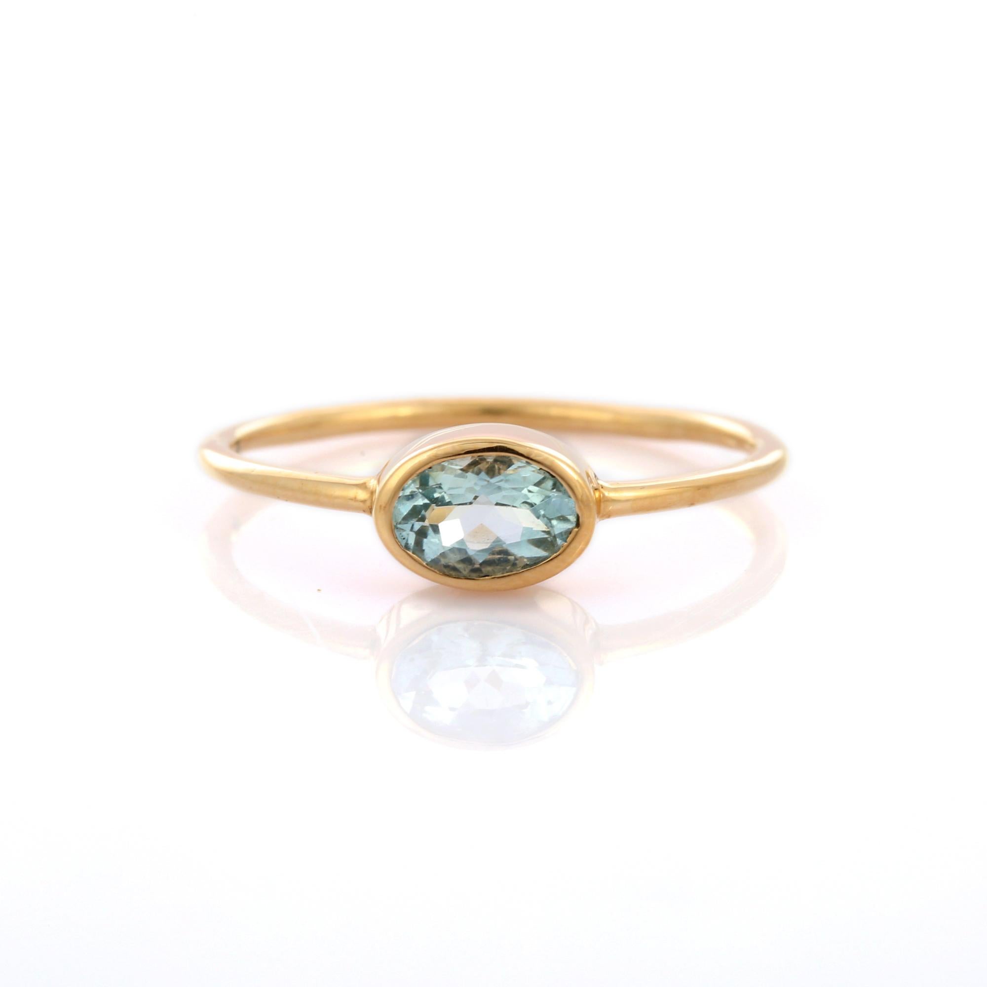 For Sale:  Oval Cut Natural Aquamarine Solitaire Ring in 14K Yellow Gold 7