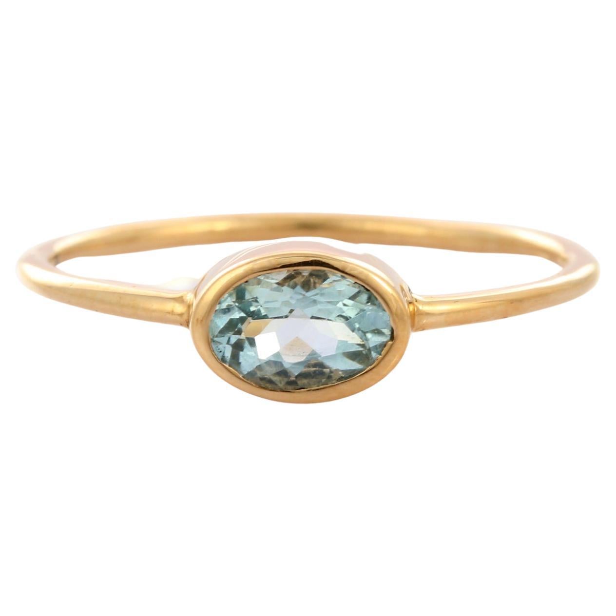 Oval Cut Natural Aquamarine Solitaire Ring in 14K Yellow Gold