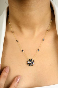 Oval Cut Natural Blue Sapphire Diamond Flower Chain Necklace in 14k Yellow Gold