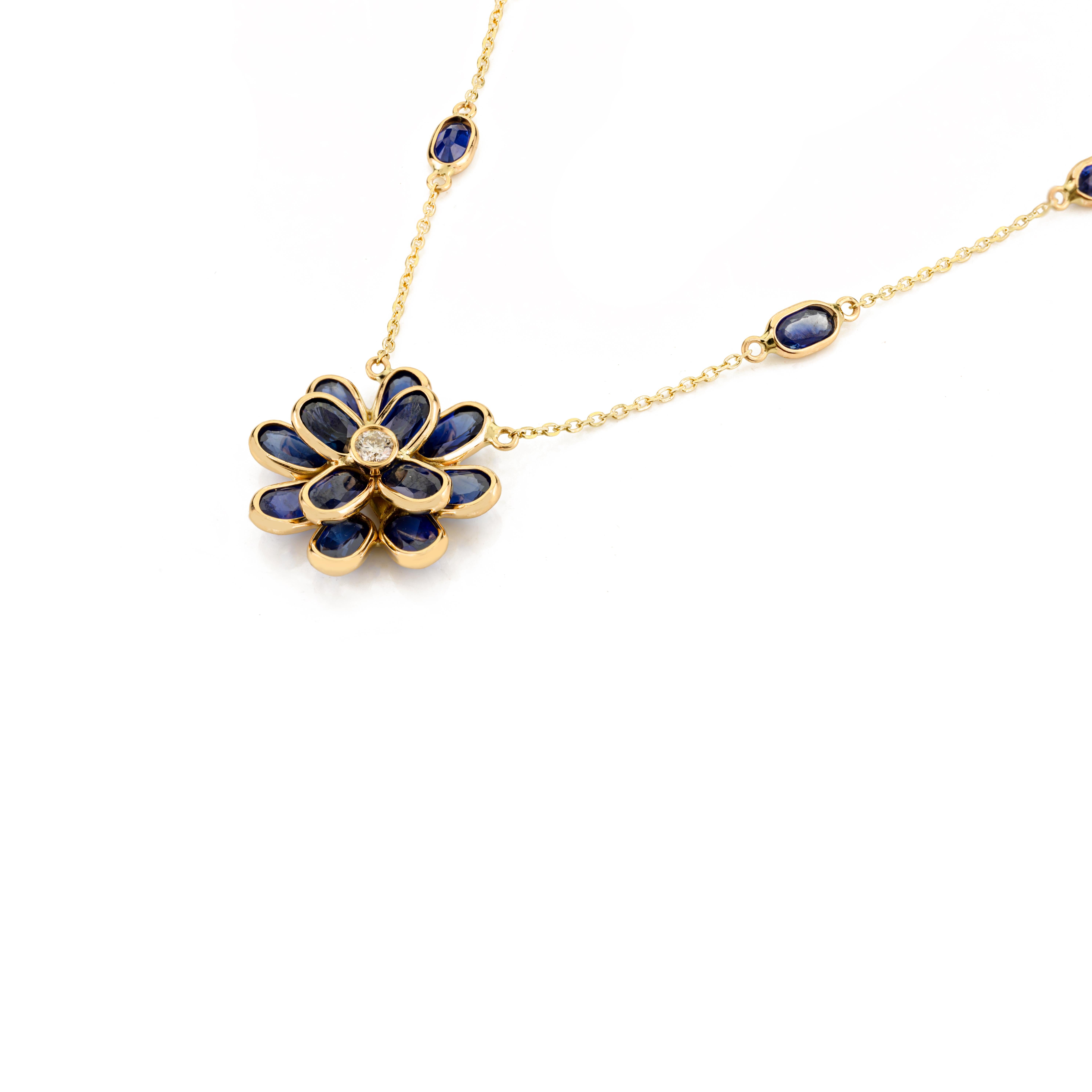 Modern Oval Cut Natural Blue Sapphire Diamond Flower Chain Necklace in 14k Yellow Gold For Sale