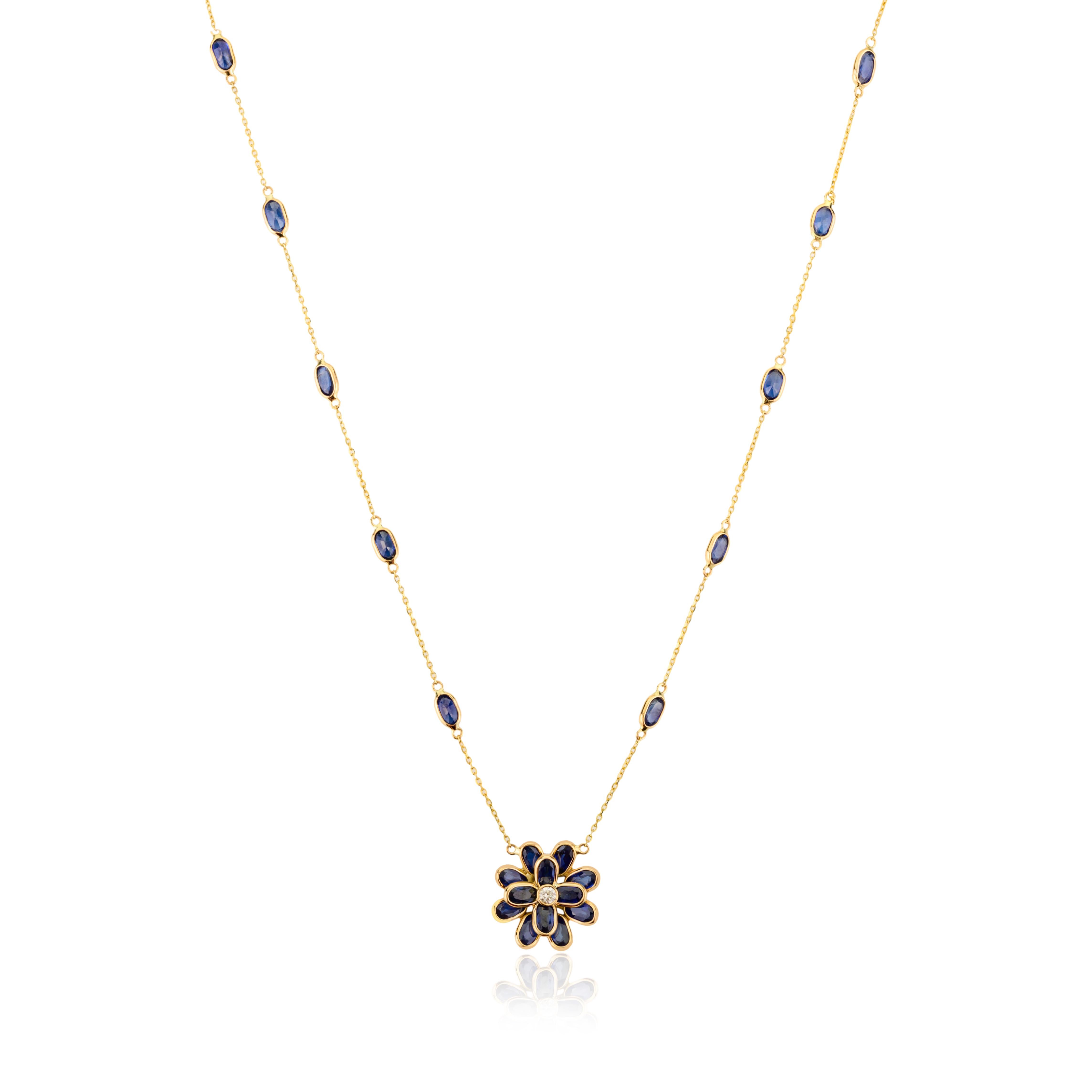 Women's Oval Cut Natural Blue Sapphire Diamond Flower Chain Necklace in 14k Yellow Gold For Sale