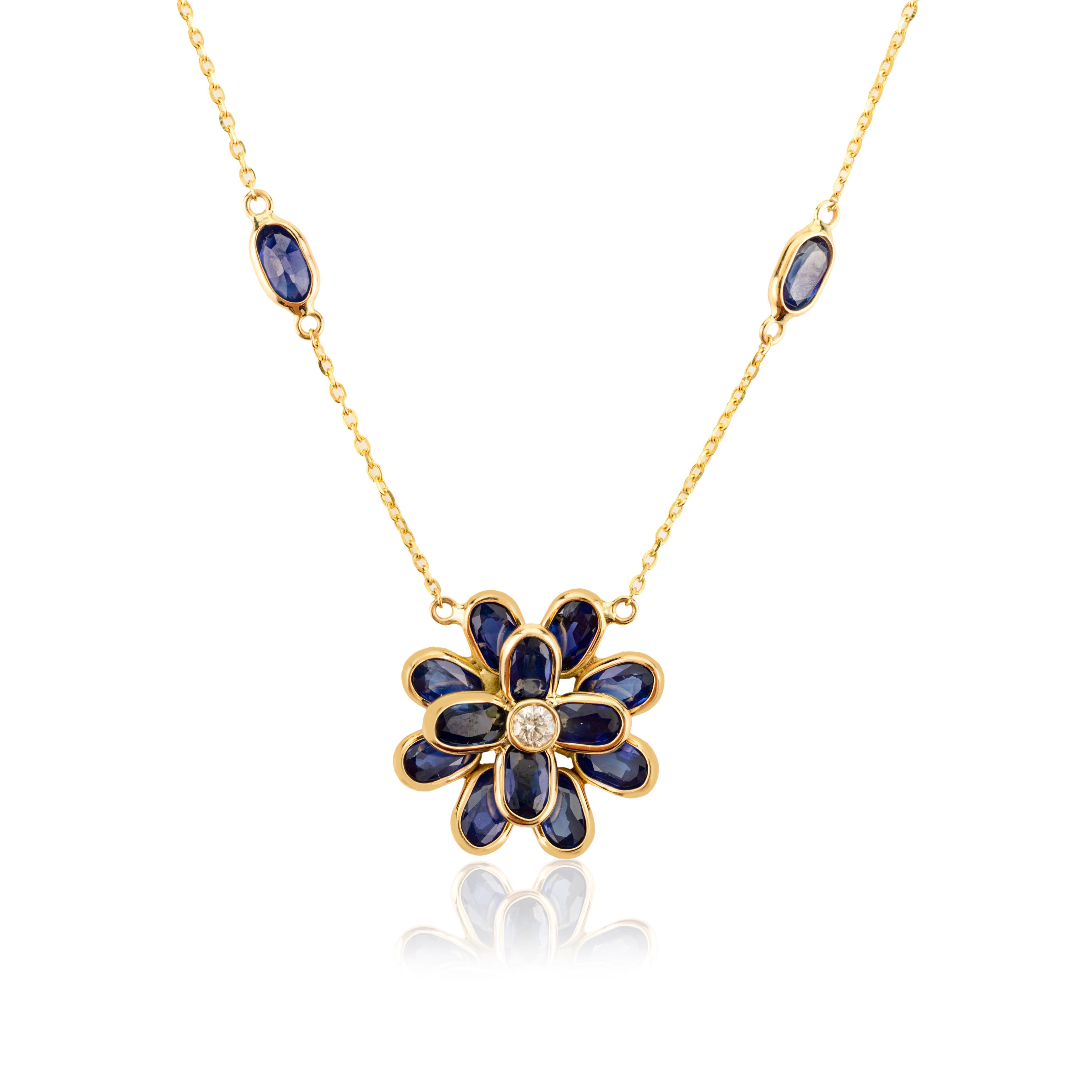 Oval Cut Natural Blue Sapphire Diamond Flower Chain Necklace in 14k Yellow Gold For Sale 2