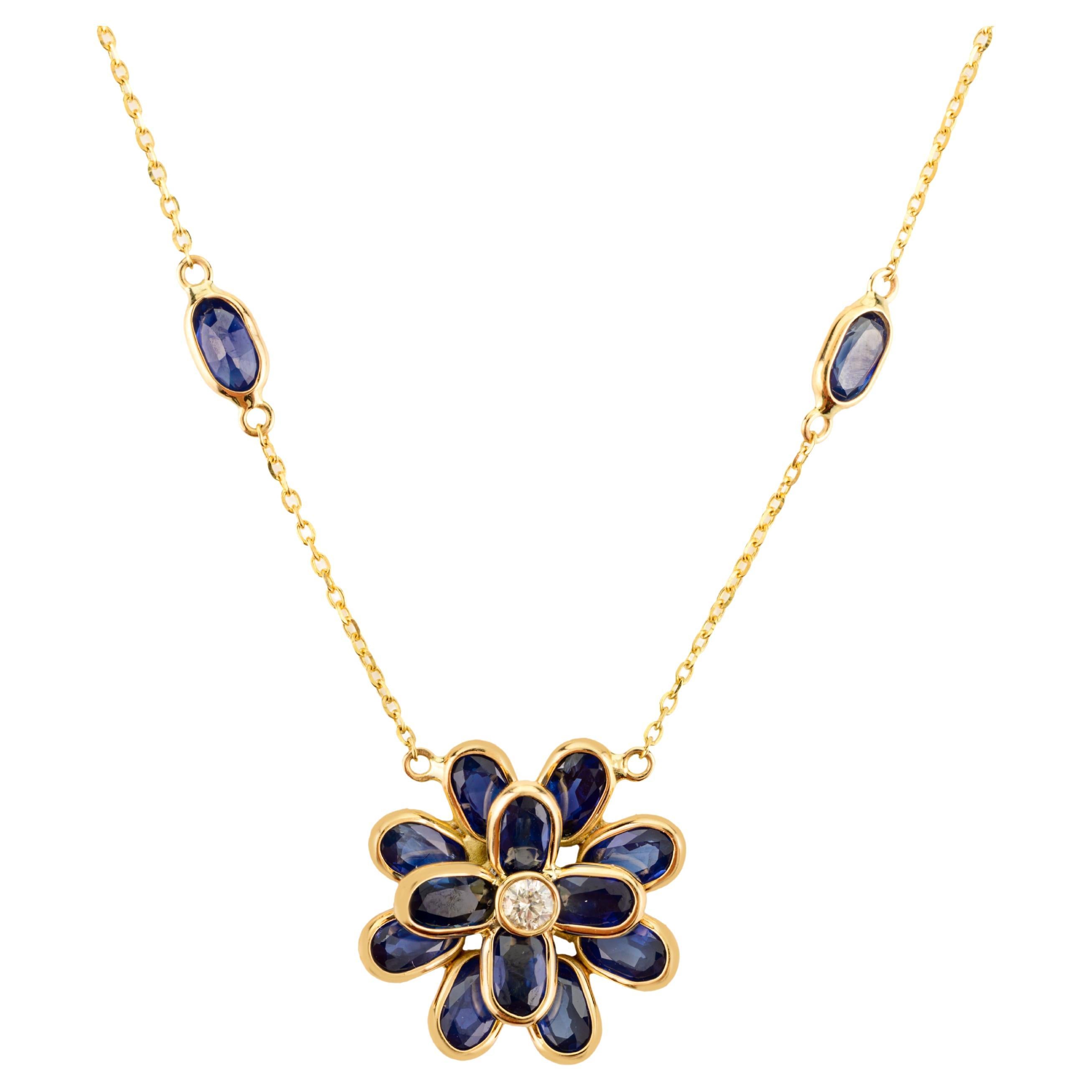 Oval Cut Natural Blue Sapphire Diamond Flower Chain Necklace in 14k Yellow Gold