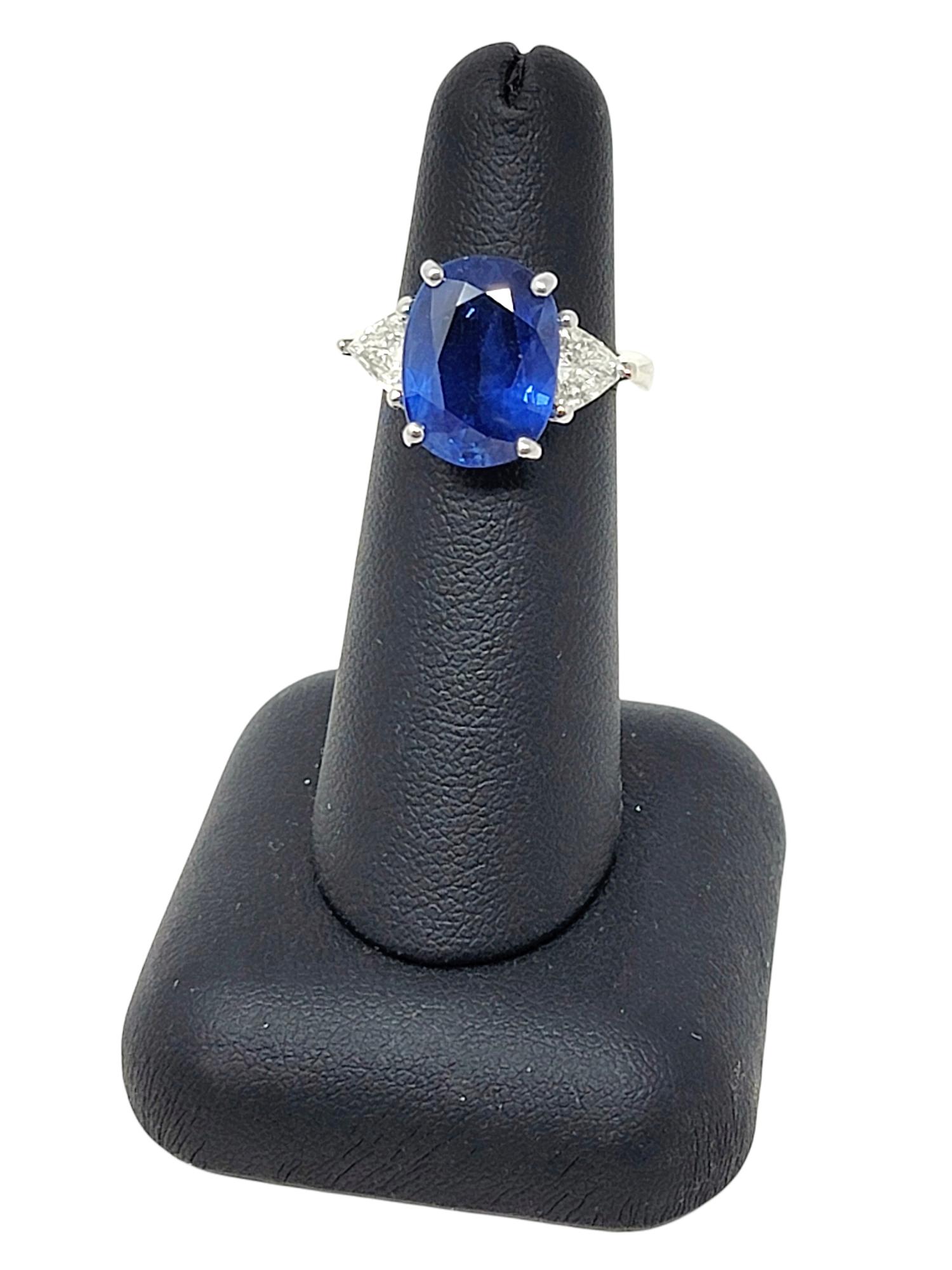 Oval Cut Natural Ceylon Blue Sapphire and Trillion Diamond Platinum 3 Stone Ring For Sale 6