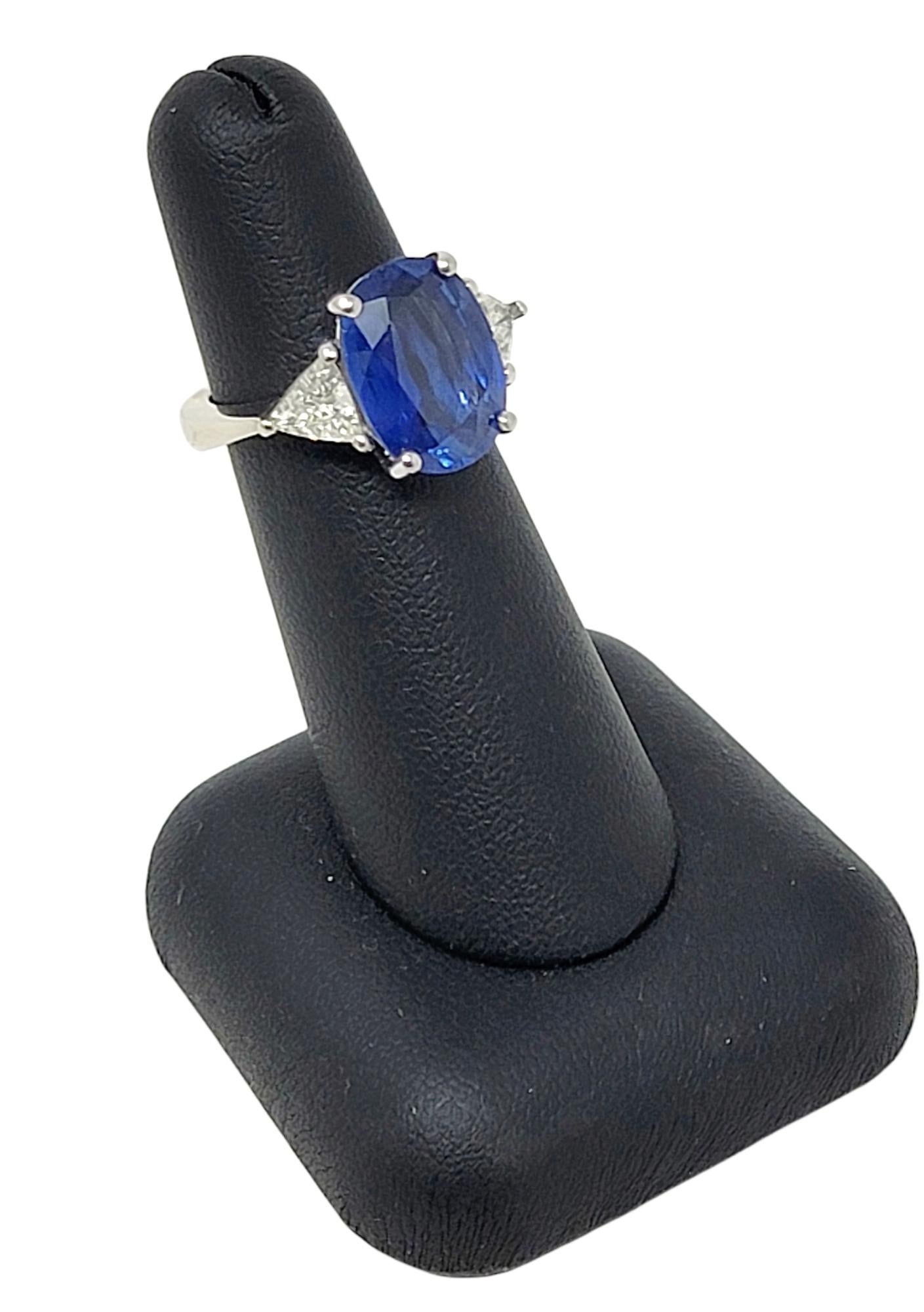 Oval Cut Natural Ceylon Blue Sapphire and Trillion Diamond Platinum 3 Stone Ring For Sale 7