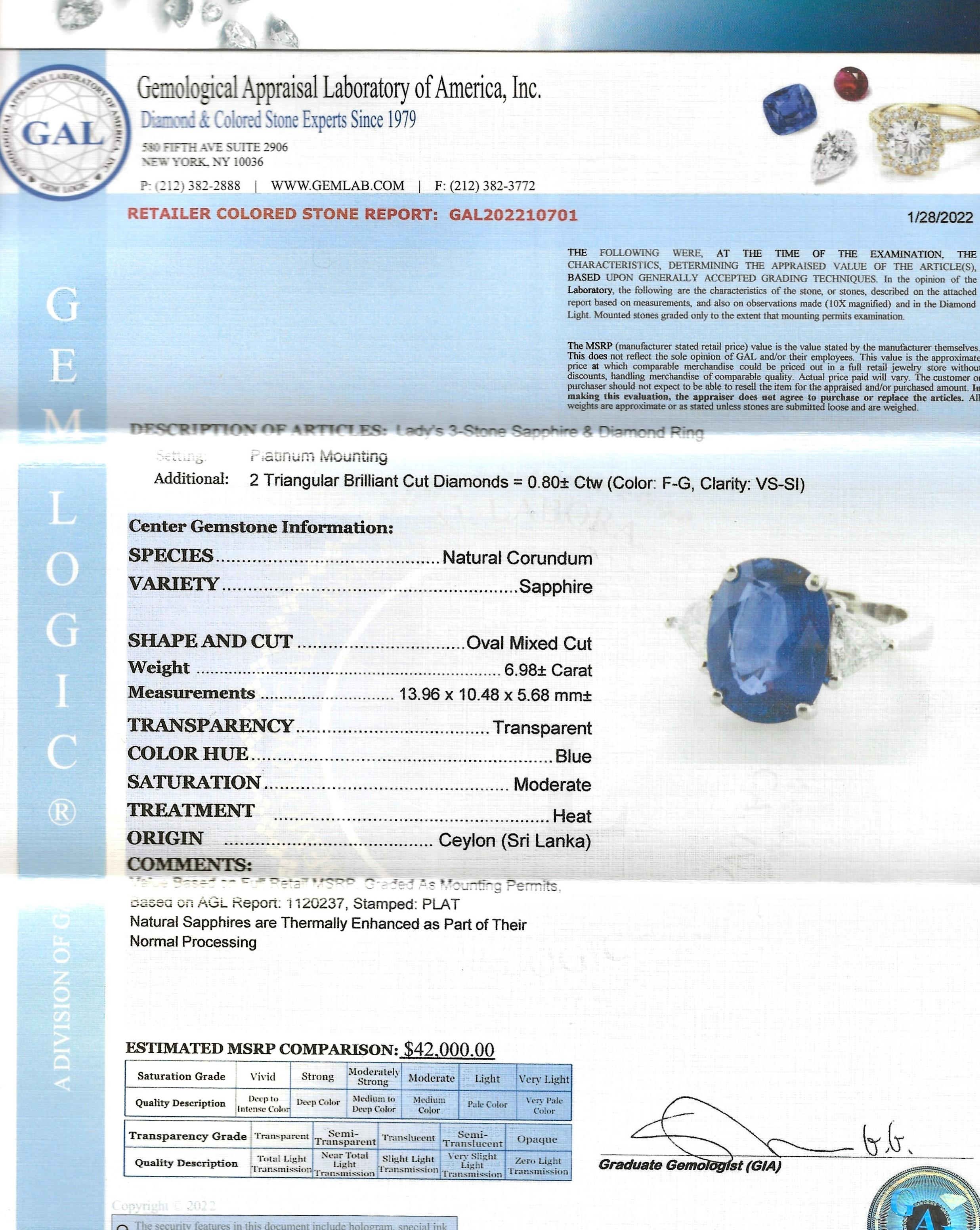 Oval Cut Natural Ceylon Blue Sapphire and Trillion Diamond Platinum 3 Stone Ring For Sale 8