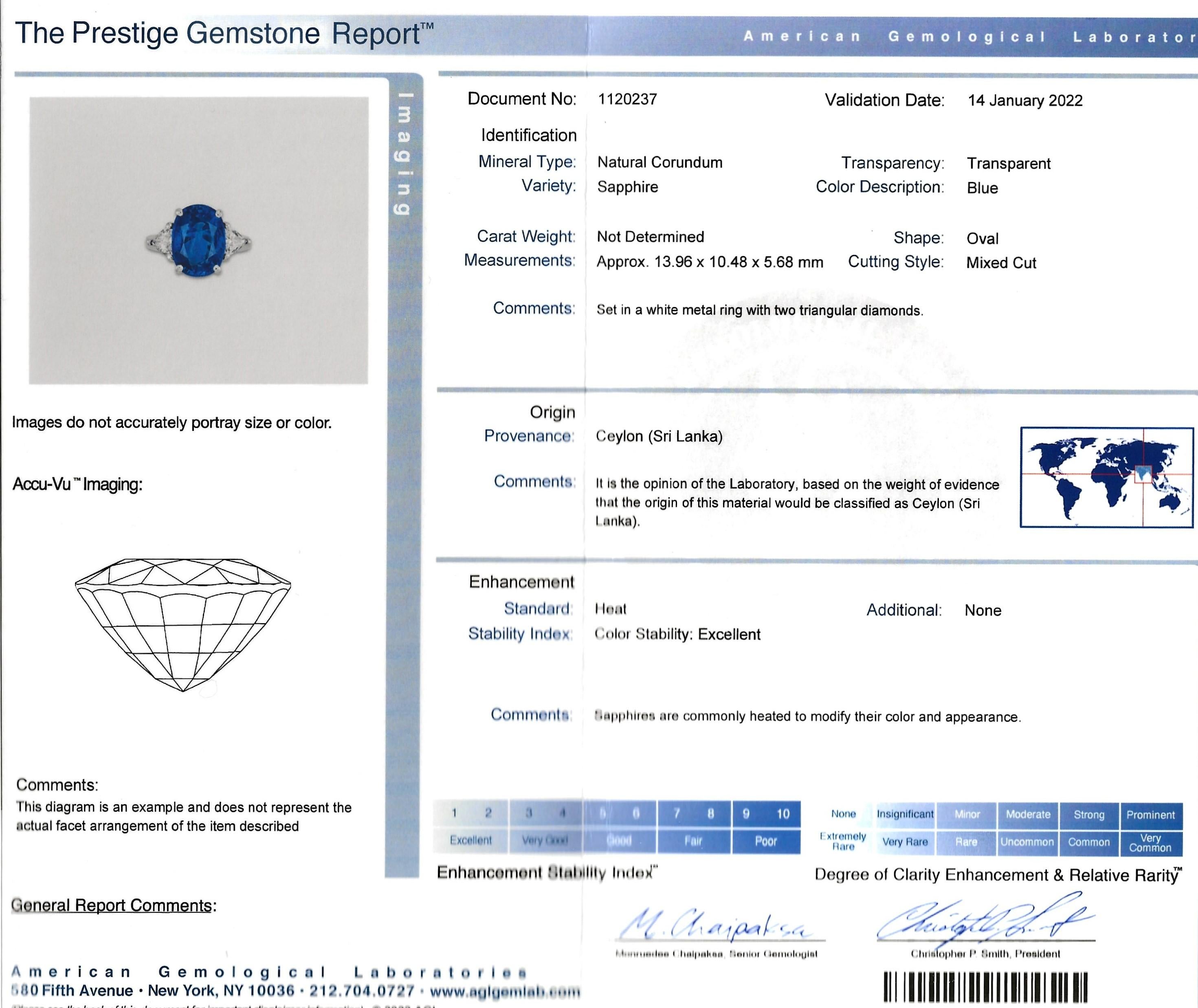Platinring mit 3 Steinen, natürlicher Ceylon-Blauer Saphir im Ovalschliff und Trillion Diamant im Angebot 10
