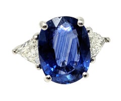 Oval AGL Natural Ceylon Blue Sapphire and Trillion Diamond Platinum 3 Stone Ring