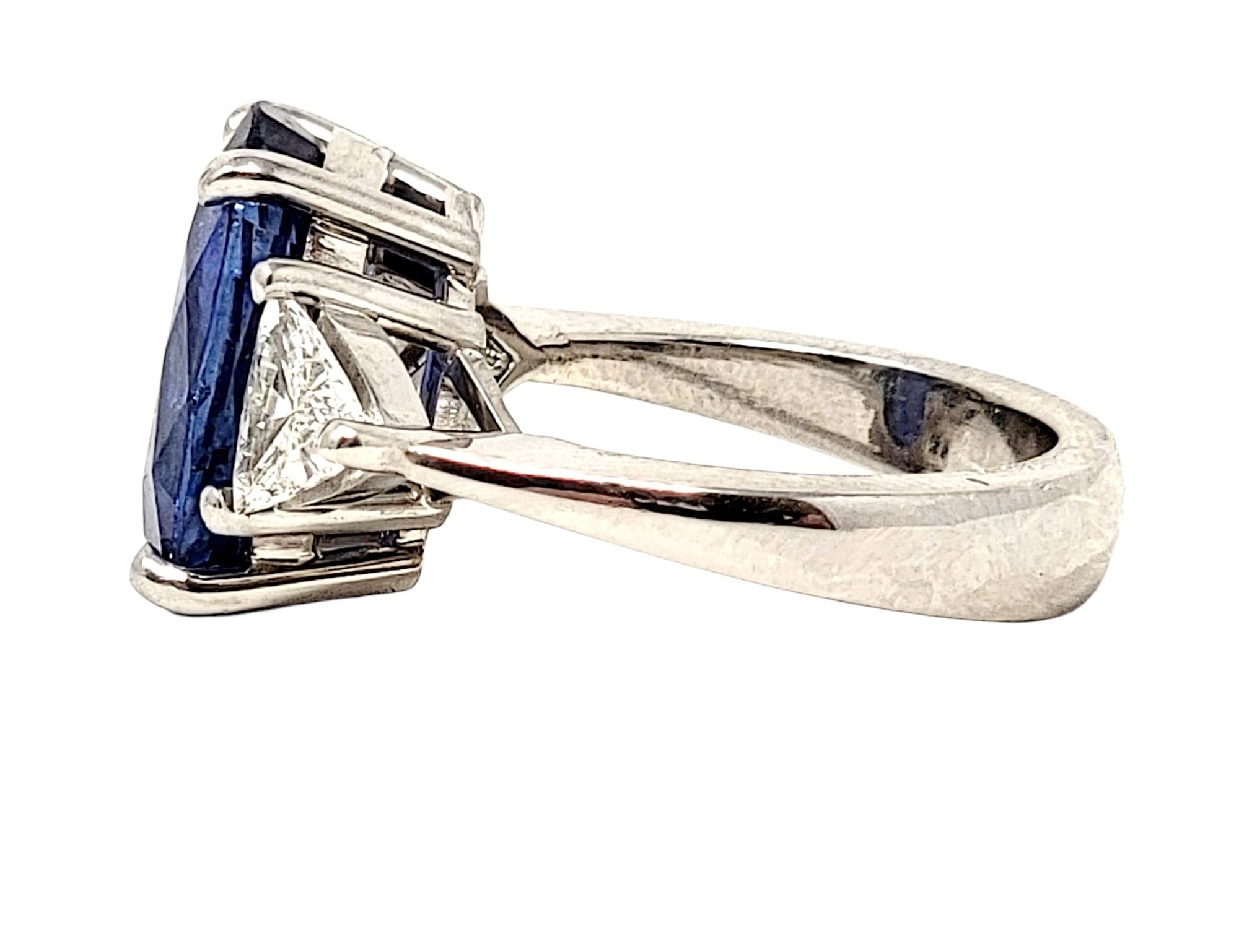 Women's Oval Cut Natural Ceylon Blue Sapphire and Trillion Diamond Platinum 3 Stone Ring For Sale