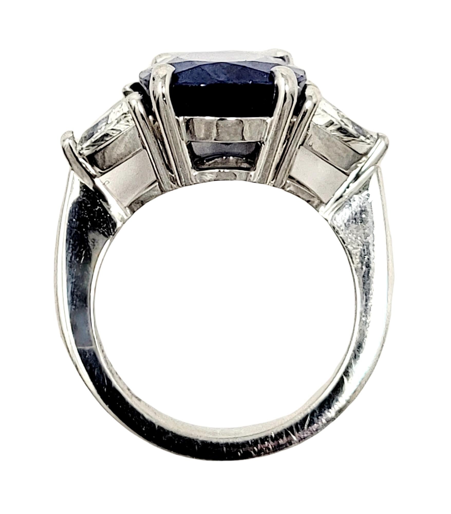 Oval Cut Natural Ceylon Blue Sapphire and Trillion Diamond Platinum 3 Stone Ring For Sale 1