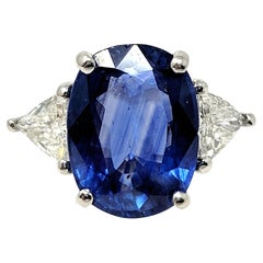 Oval Cut Natural Ceylon Blue Sapphire and Trillion Diamond Platinum 3 Stone Ring