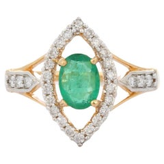 Bague de mariage en or jaune 18 carats pour femme, émeraude naturelle de taille ovale et diamant