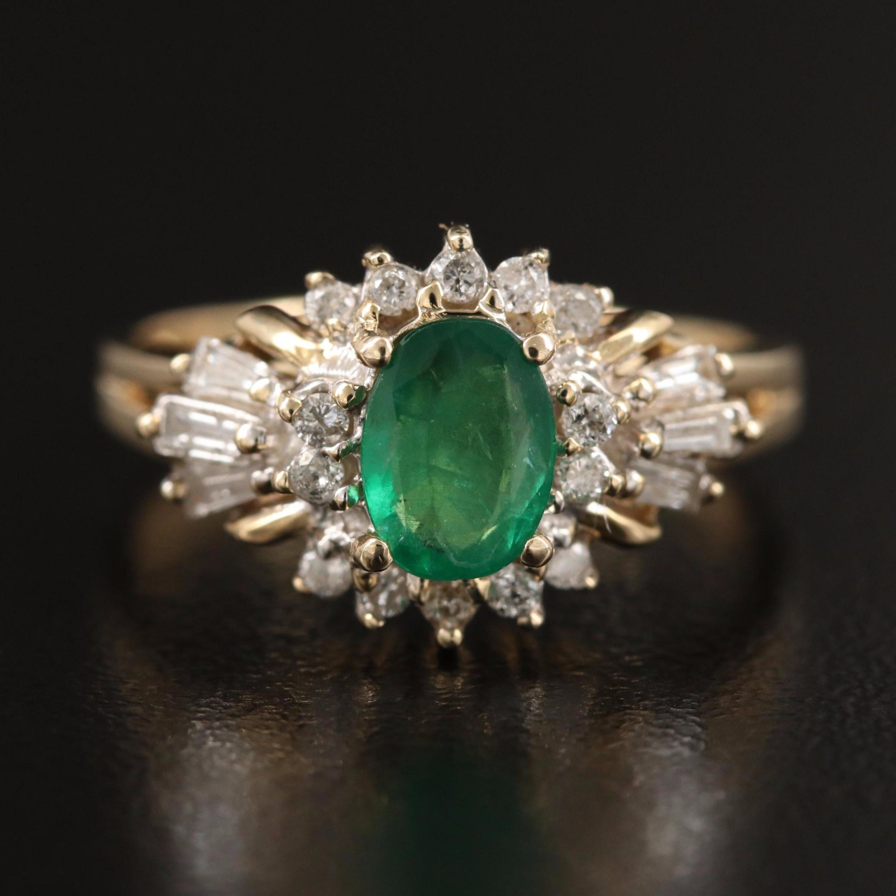For Sale:  Oval Cut Natural Emerald Engagement Ring, Floral Emerald Diamond Wedding Ring  7