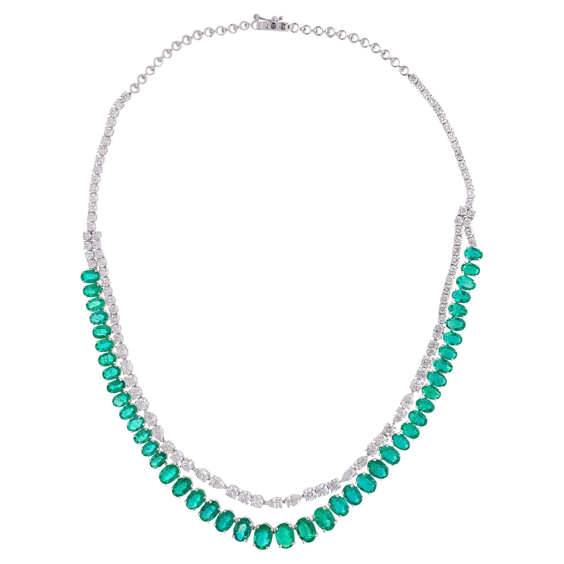 Oval Cut Natural Emerald Gemstone Necklace Diamond 14 Karat White Gold Jewelry