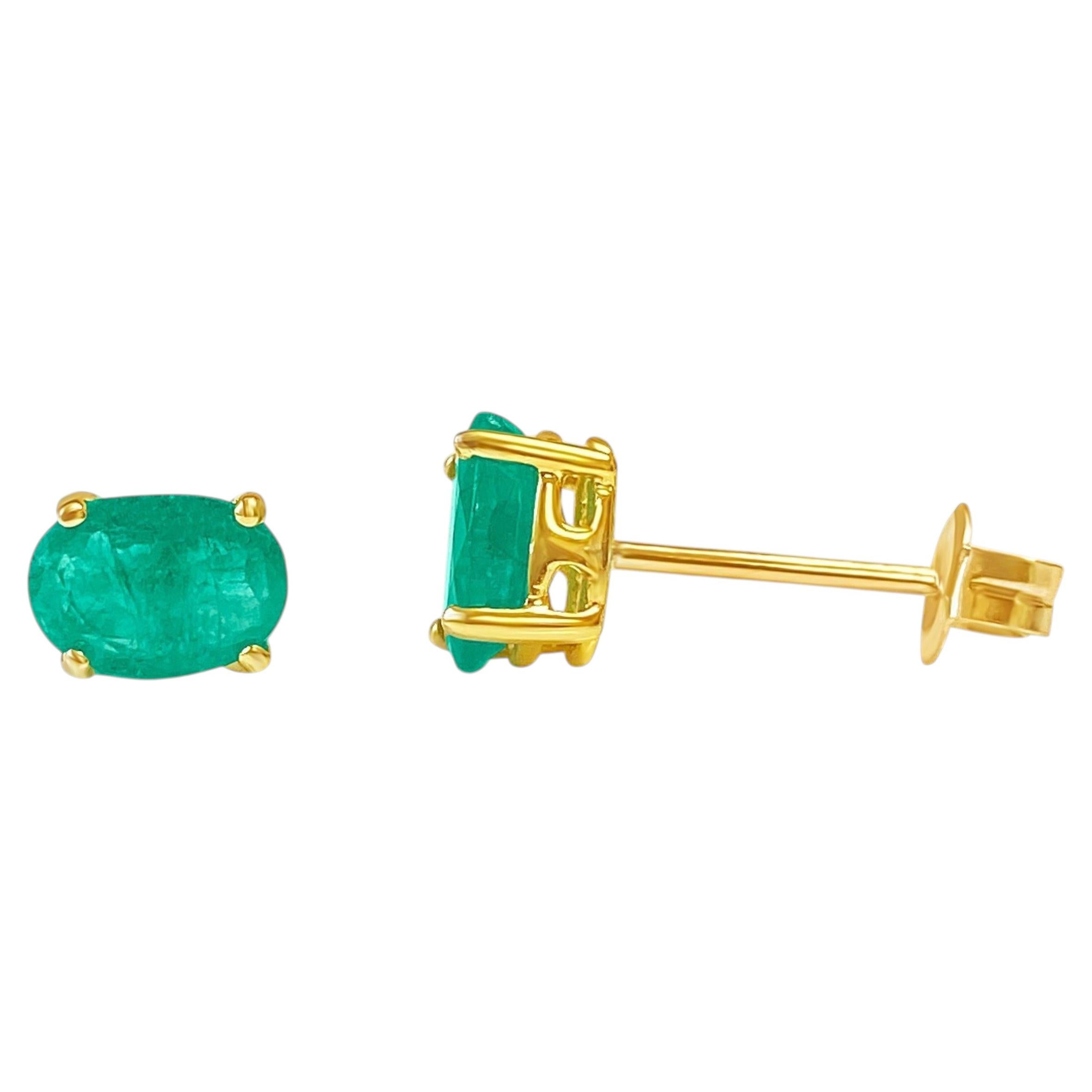 1.5 Carat Oval Cut Natural Emerald Stud Earrings in 14k Solid Gold