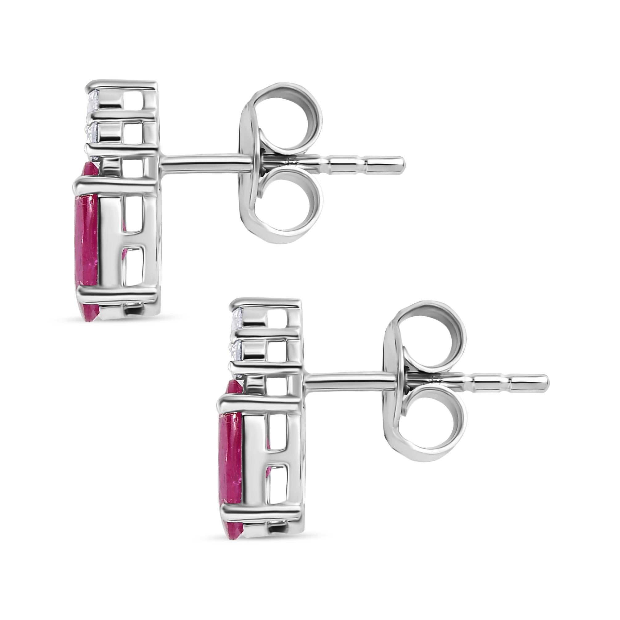Modernist Oval Cut Natural July Birthstone Ruby Diamond Stud Earrings in 14k White Gold For Sale