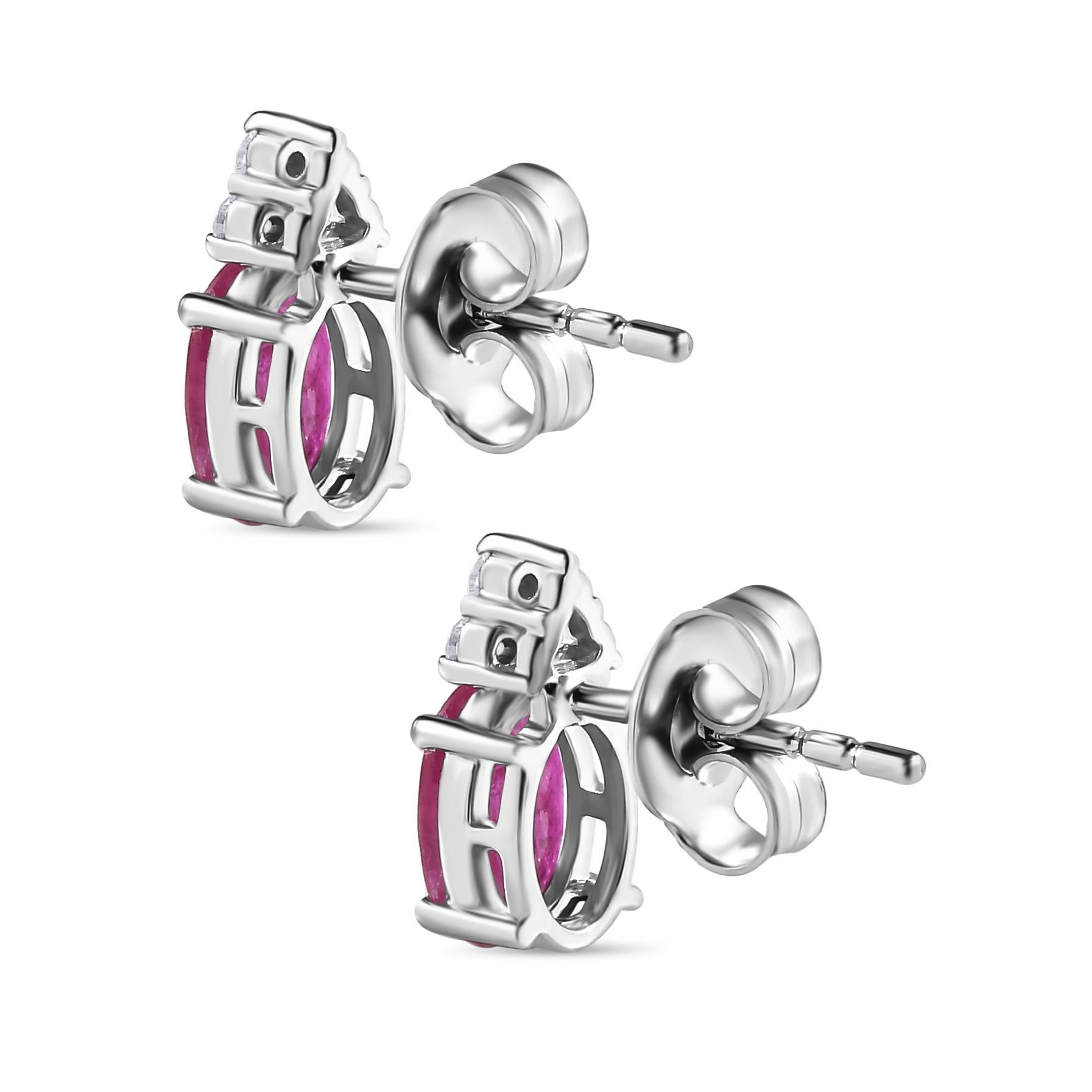 Women's Oval Cut Natural July Birthstone Ruby Diamond Stud Earrings in 14k White Gold For Sale
