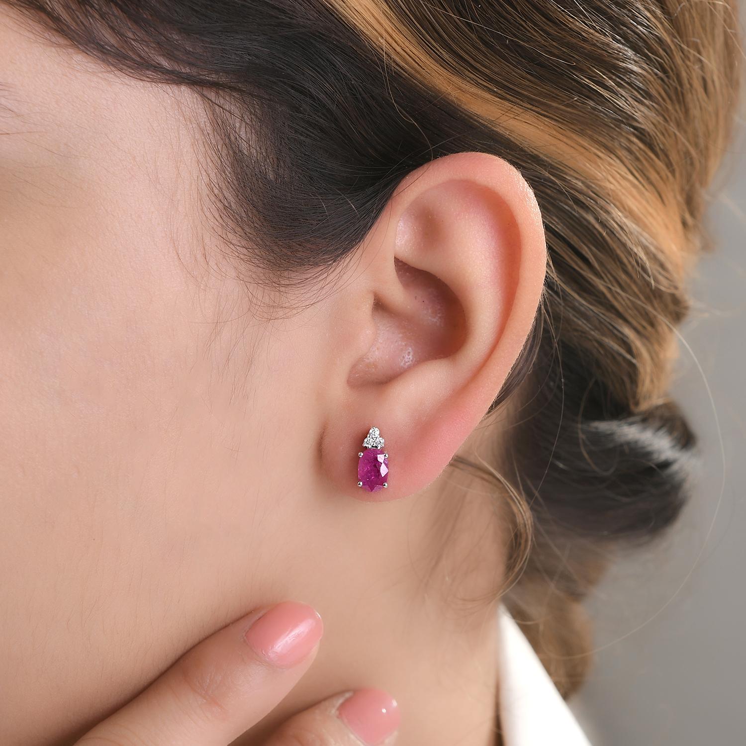 Oval Cut Natural July Birthstone Ruby Diamond Stud Earrings in 14k White Gold For Sale 1