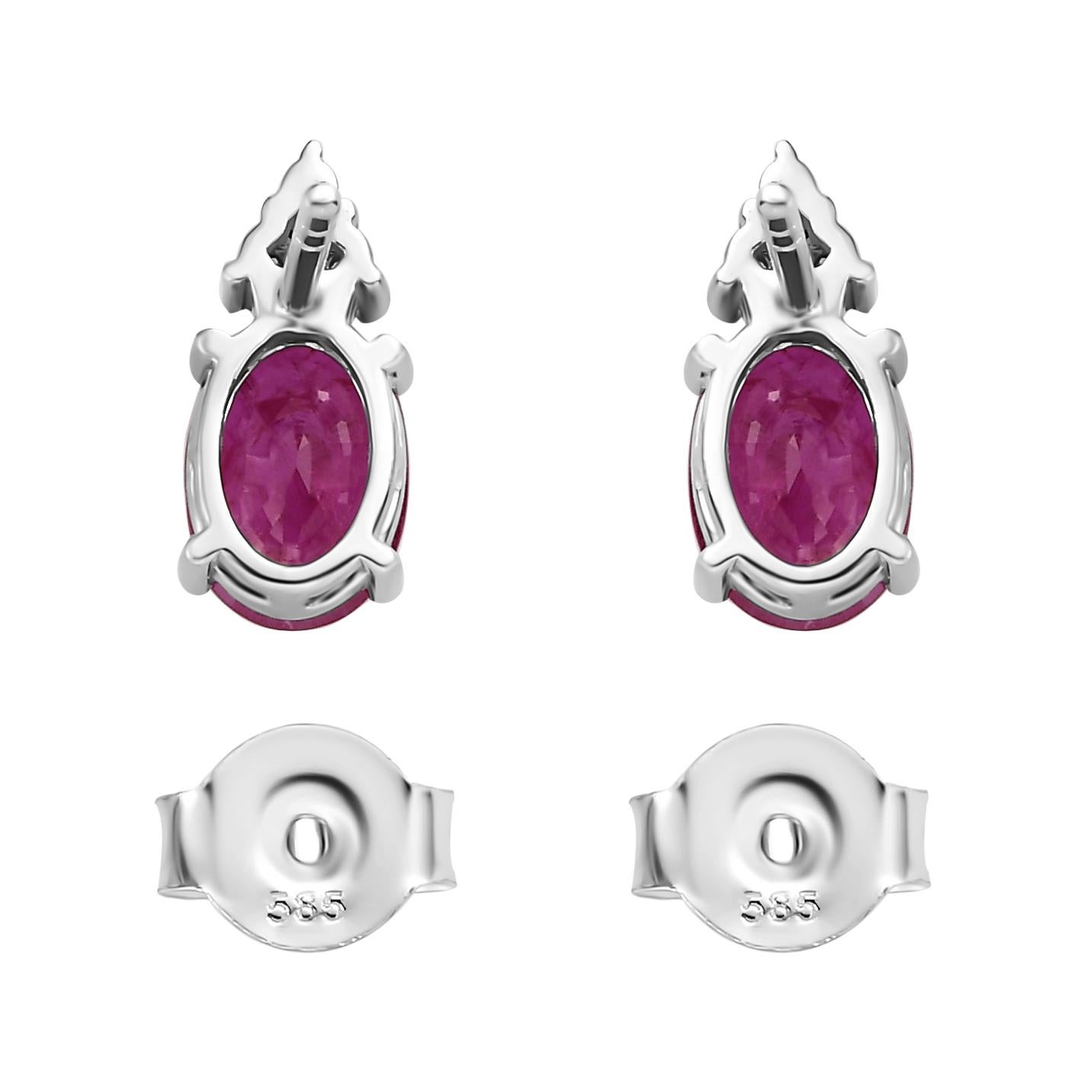 Oval Cut Natural July Birthstone Ruby Diamond Stud Earrings in 14k White Gold For Sale 2
