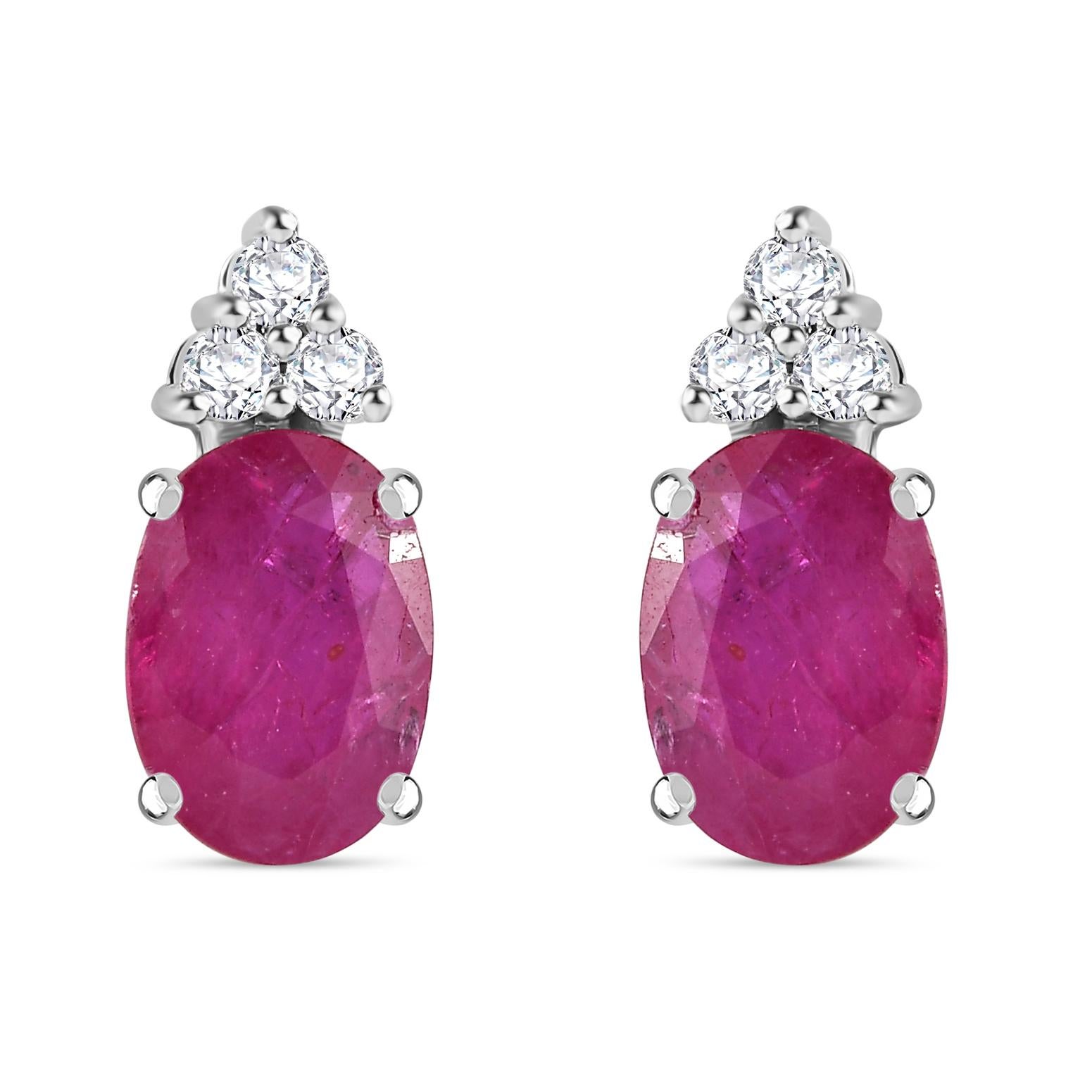 Oval Cut Natural July Birthstone Ruby Diamond Stud Earrings in 14k White Gold For Sale 4