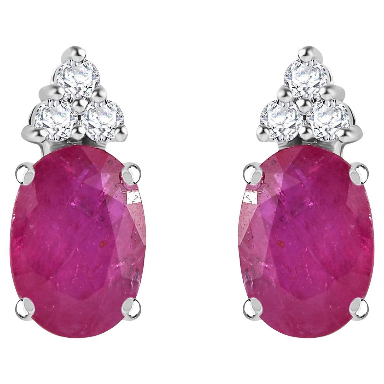 Oval Cut Natural July Birthstone Ruby Diamond Stud Earrings in 14k White Gold For Sale