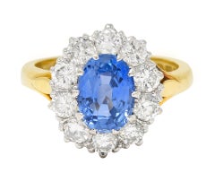 Oval Cut No Heat Ceylon Sapphire Diamond 18 Karat Two-Tone Gold Cluster Ring