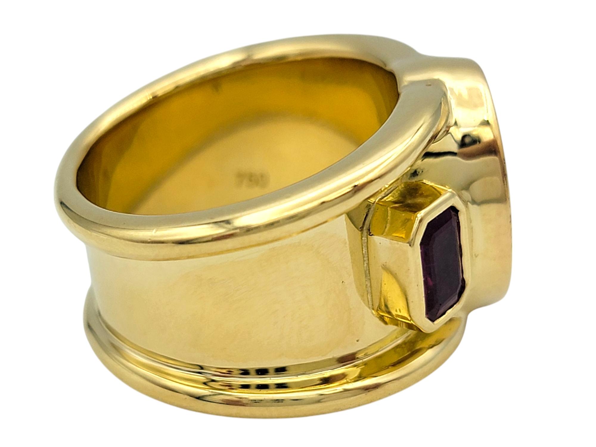 Contemporary Oval Cut Opal and Radiant Cut Ruby Wide Band Ring in 18 Karat Yellow Gold For Sale