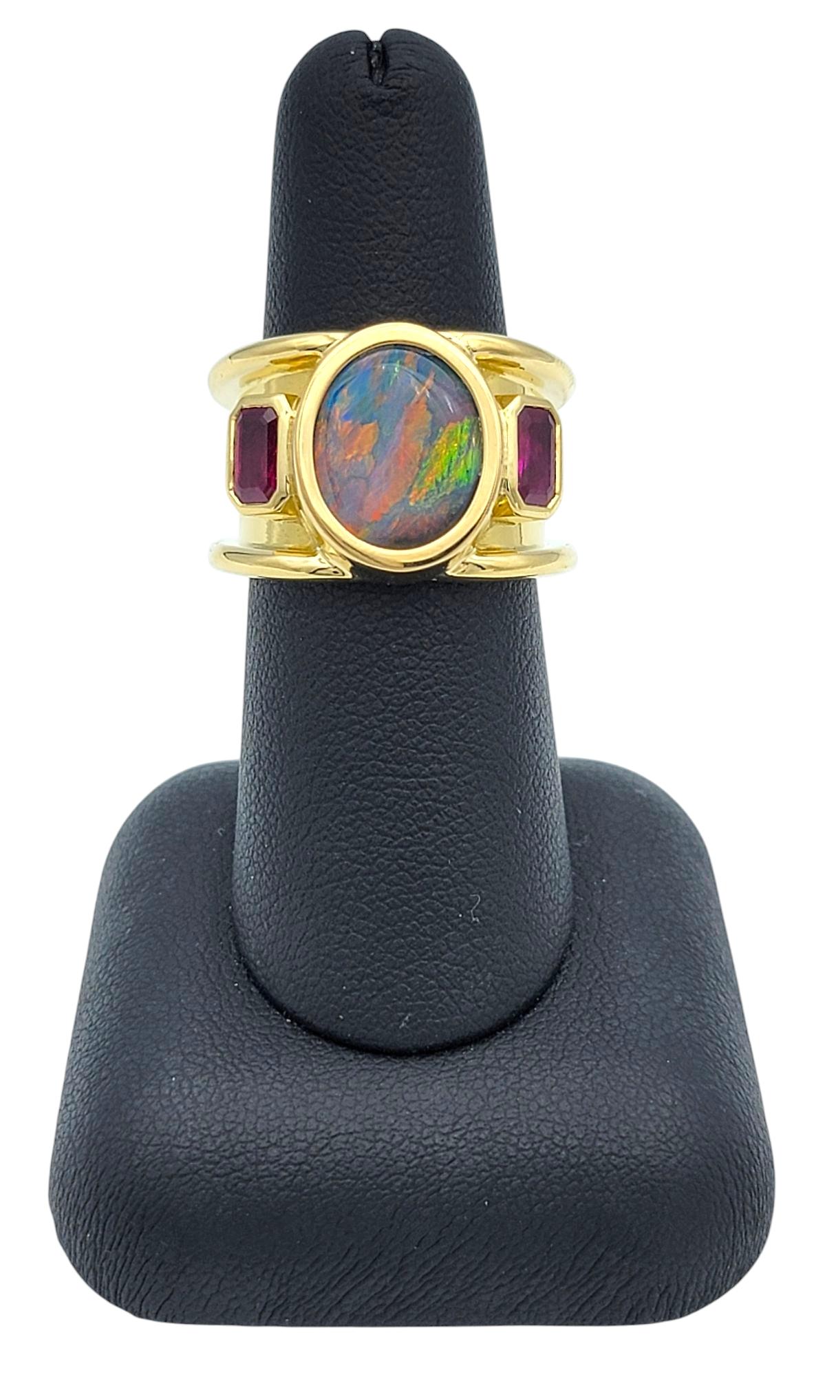 Oval Cut Opal and Radiant Cut Ruby Wide Band Ring in 18 Karat Yellow Gold For Sale 3