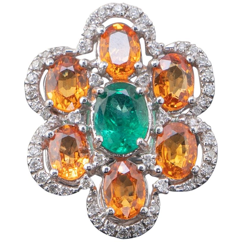 Oval Cut Orange Sapphire and Emerald 18 Karat Cocktail Gold Ring