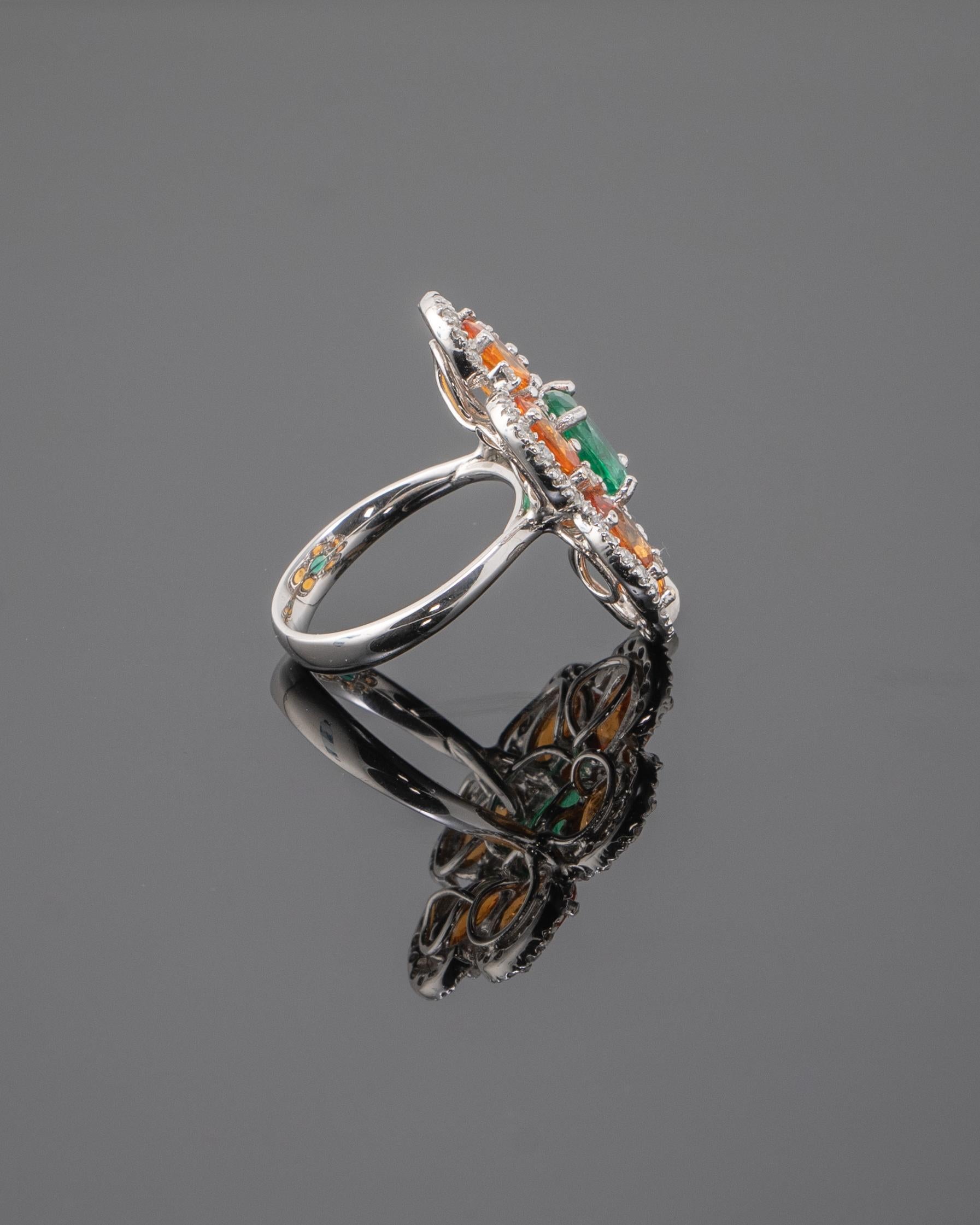 Modern Oval Cut Orange Sapphire and Emerald 18 Karat Cocktail Gold Ring