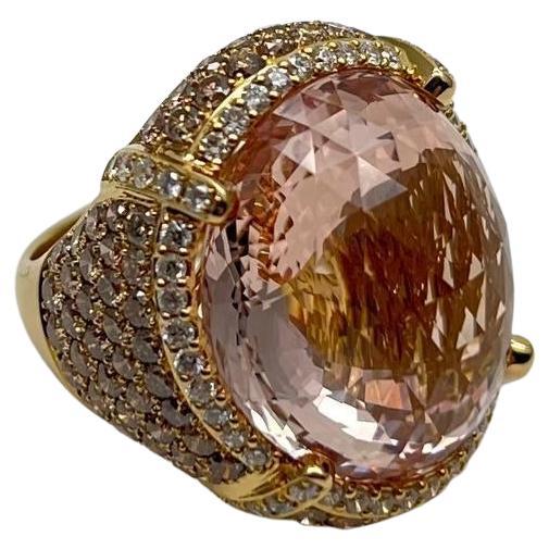 Oval Cut Peach Morganite Pave Fancy Diamonds Halo 14K Yellow Gold Statement Ring