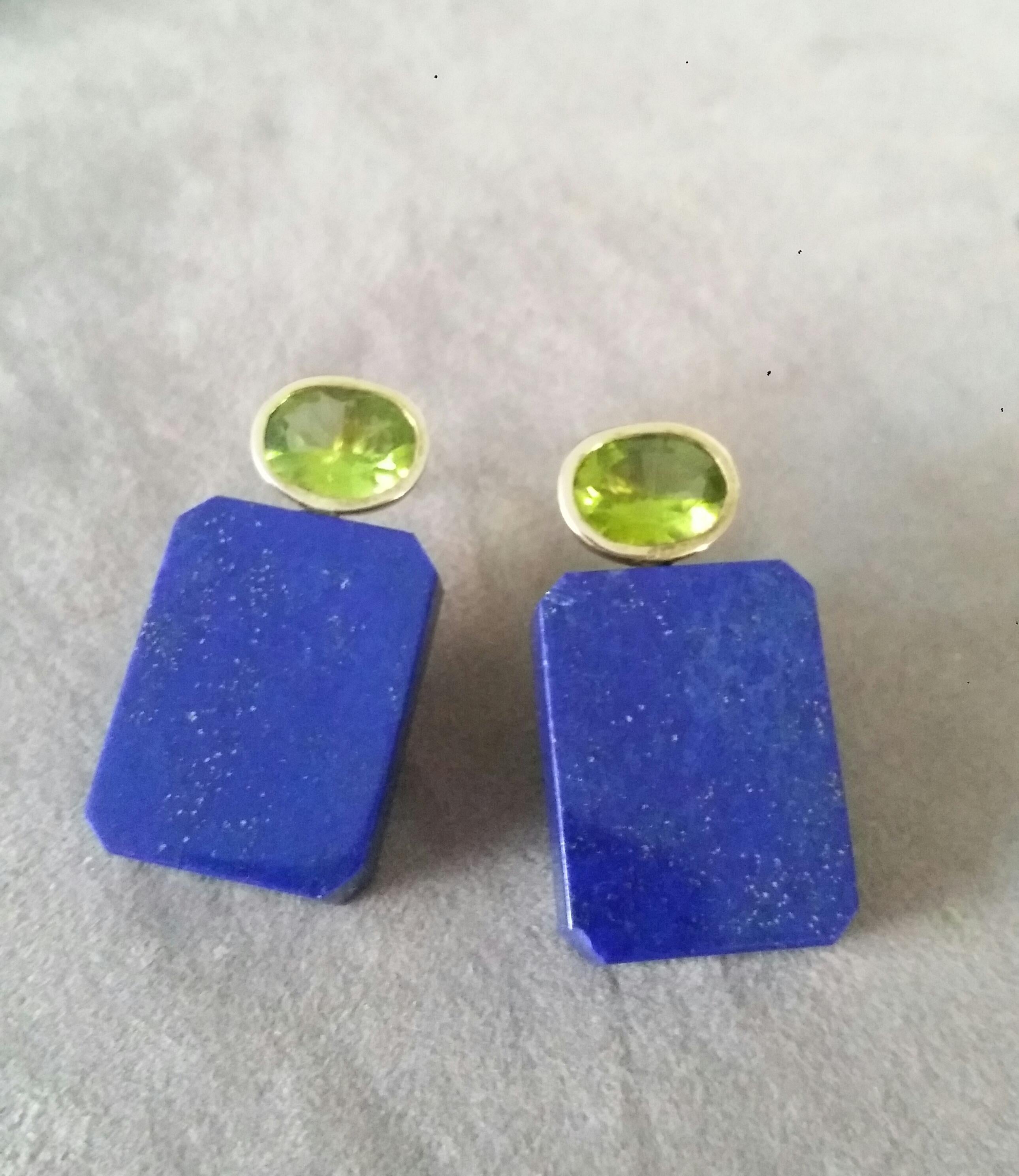 Oval Cut Peridot Genuine Lapis Lazuli Octagon 14K Yellow Gold Earrings For Sale 4