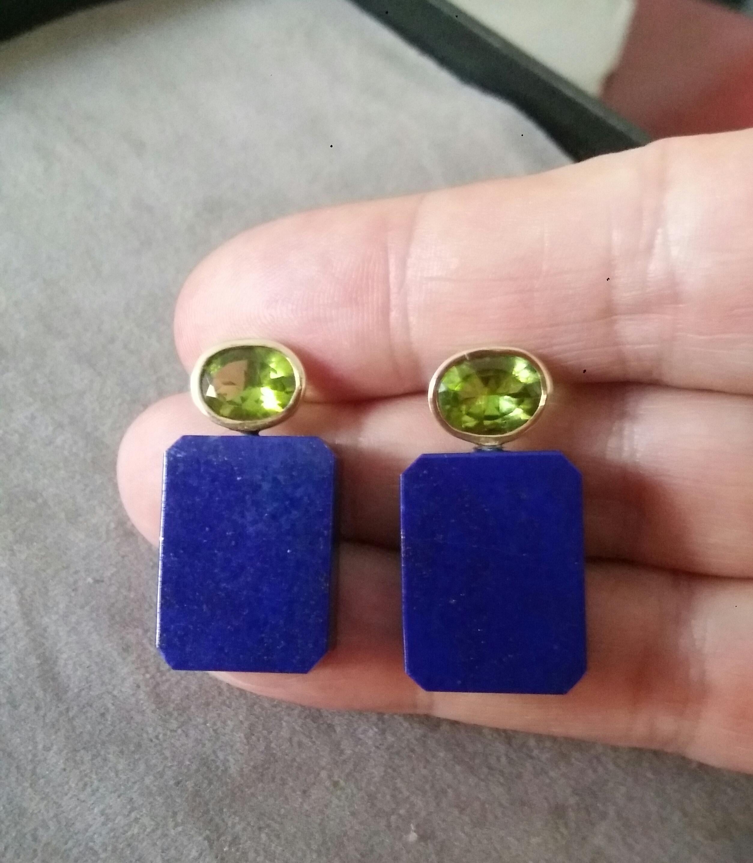 Oval Cut Peridot Genuine Lapis Lazuli Octagon 14K Yellow Gold Earrings For Sale 6