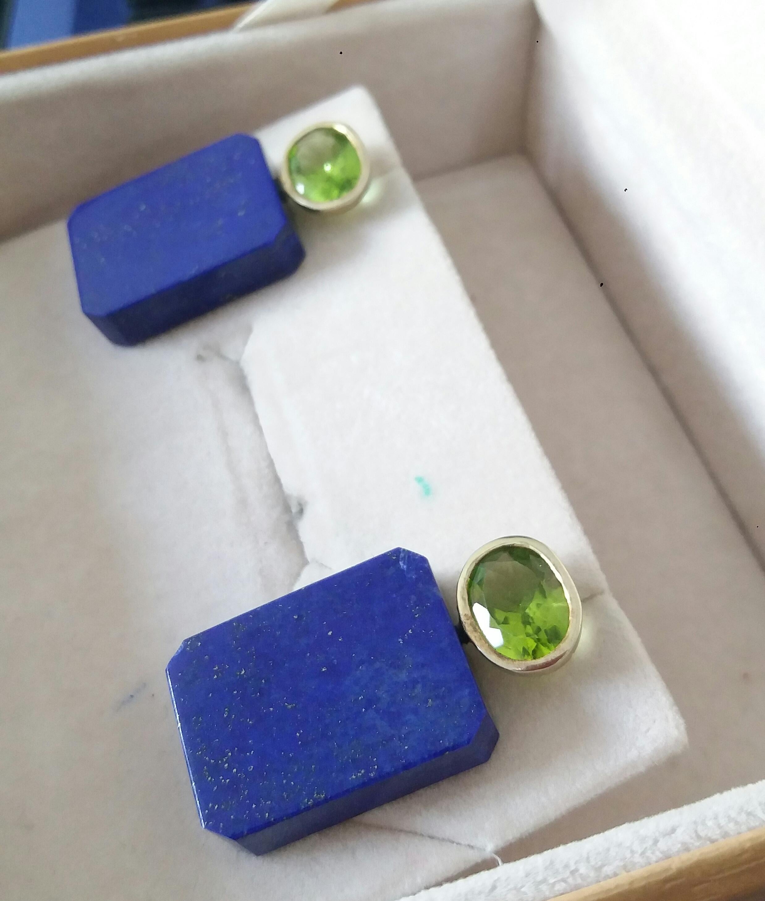 Oval Cut Peridot Genuine Lapis Lazuli Octagon 14K Yellow Gold Earrings In New Condition For Sale In Bangkok, TH