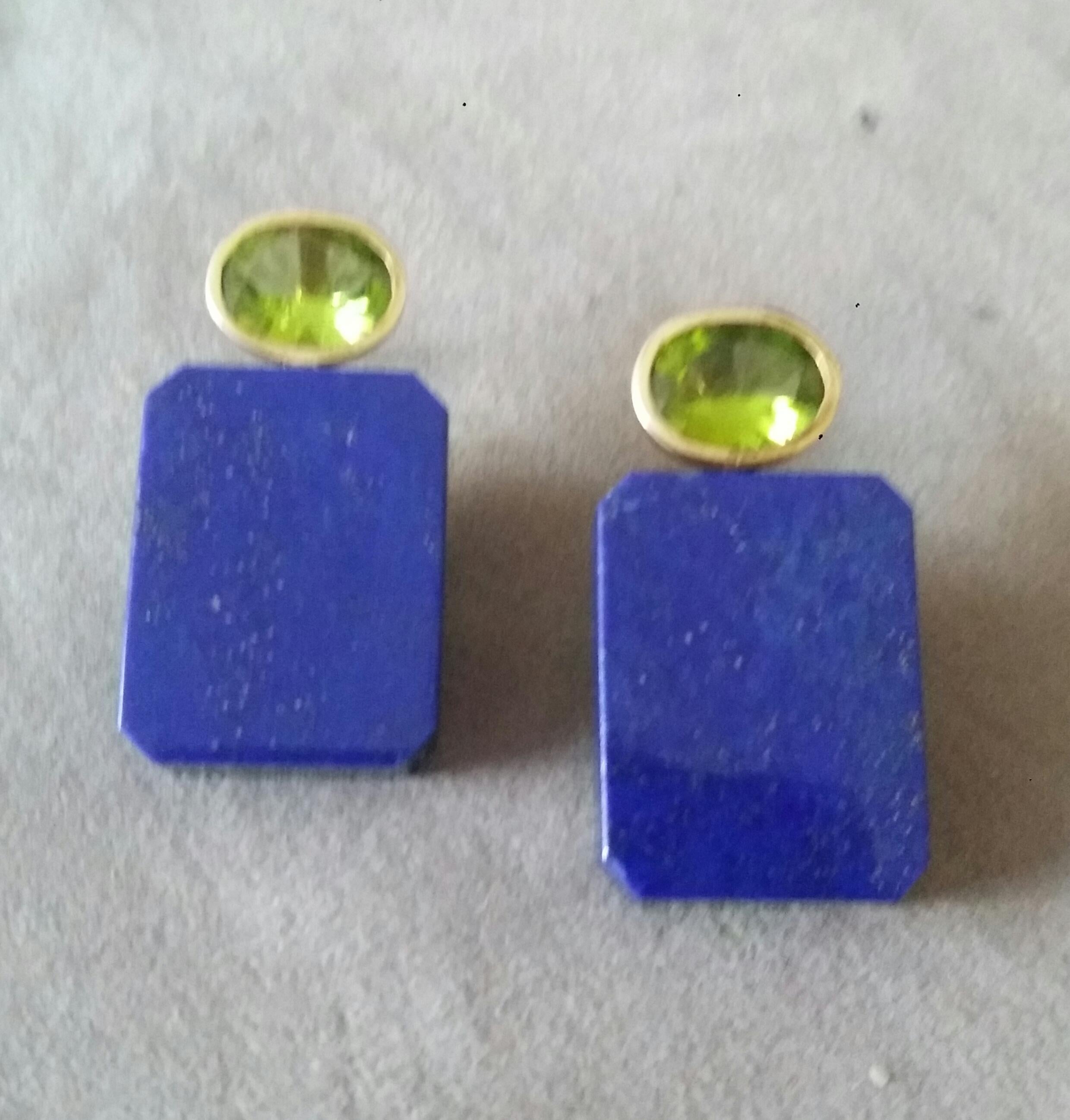 Women's Oval Cut Peridot Genuine Lapis Lazuli Octagon 14K Yellow Gold Earrings For Sale