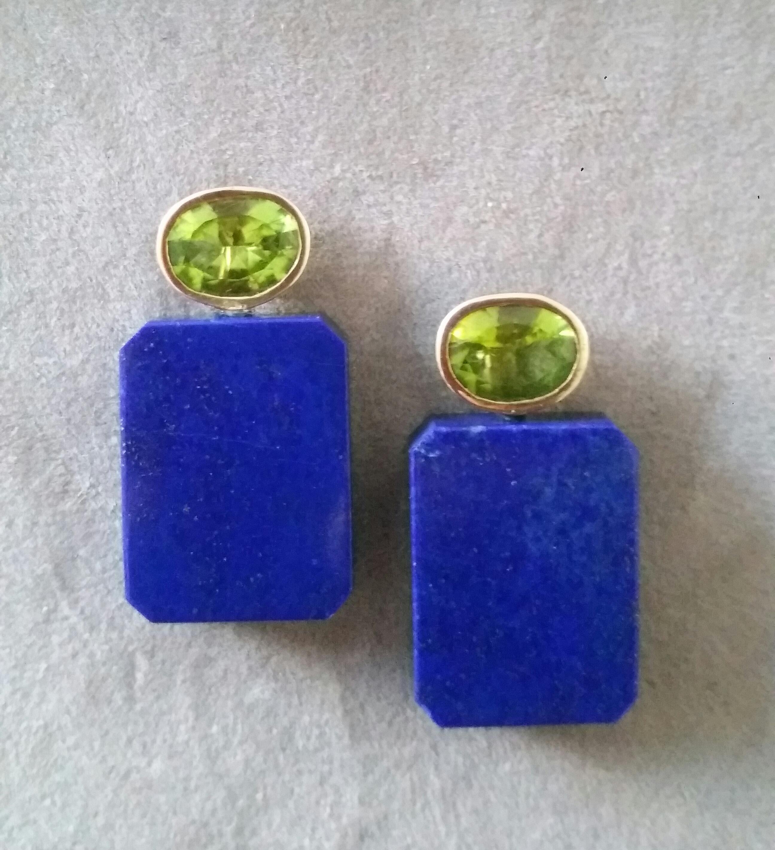 Oval Cut Peridot Genuine Lapis Lazuli Octagon 14K Yellow Gold Earrings For Sale 2