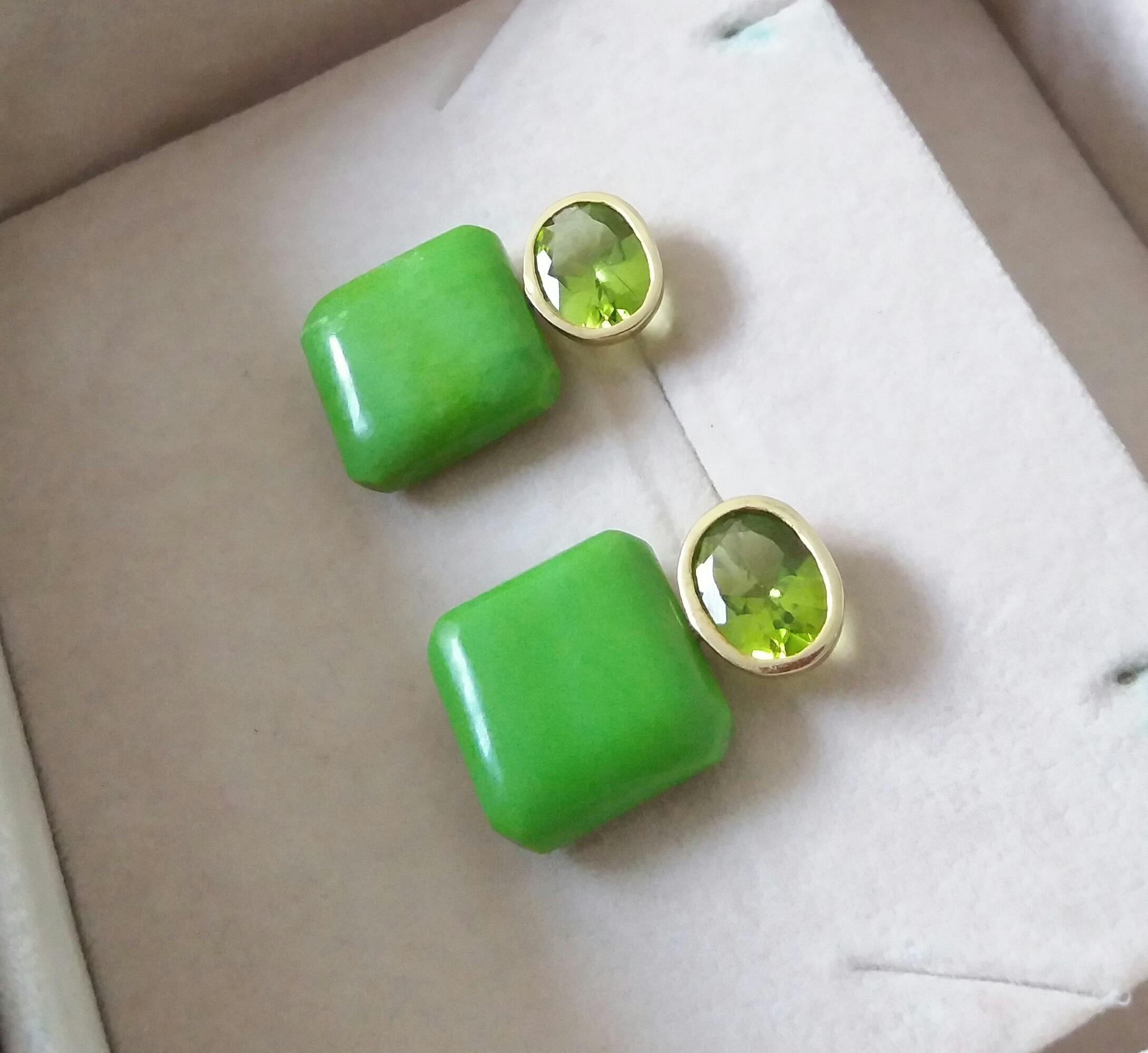 Oval Cut Peridot Turkmenistan Green Turquoise Octagon 14K Yellow Gold Earrings For Sale 4